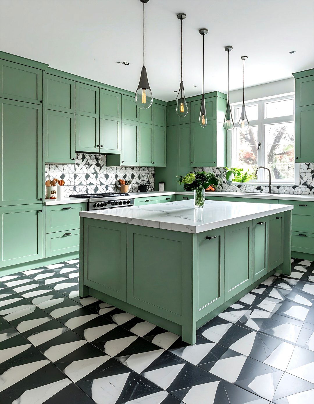 Seafoam Green Kitchen with Patterned Floor Tiles - 15 Seafoam Green Kitchen Ideas for a Fresh Look