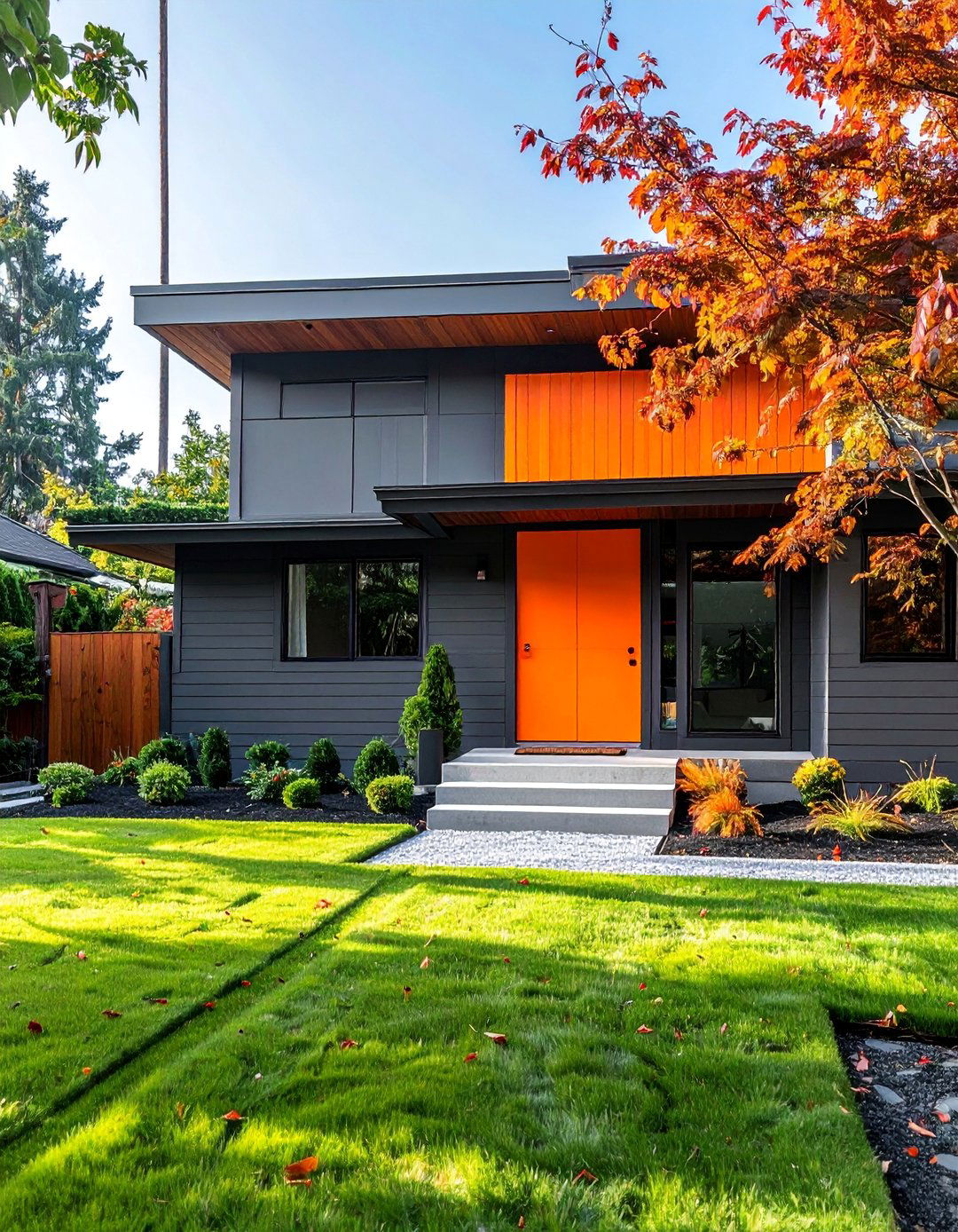 Seal Gray with a Pop of Orange - 40 Gray Exterior House Paint Ideas for Modern Homes
