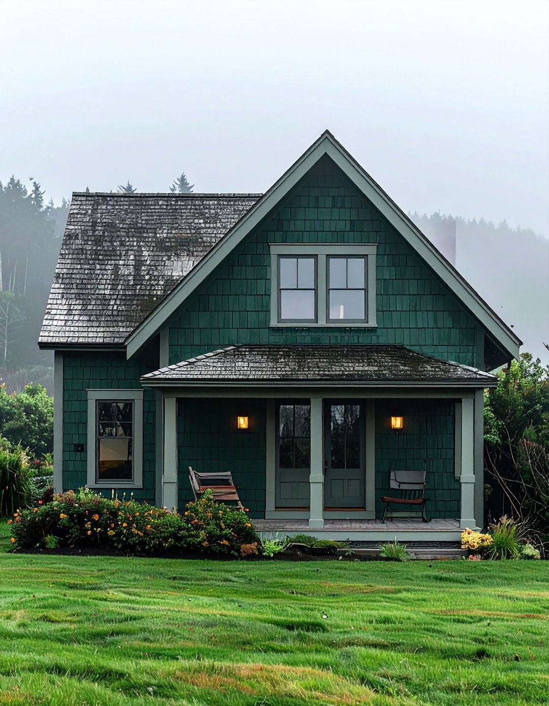 Seaweed Green with Light Gray Accents - 40 Dark Green Exterior Paint Color Schemes for Bold Homes