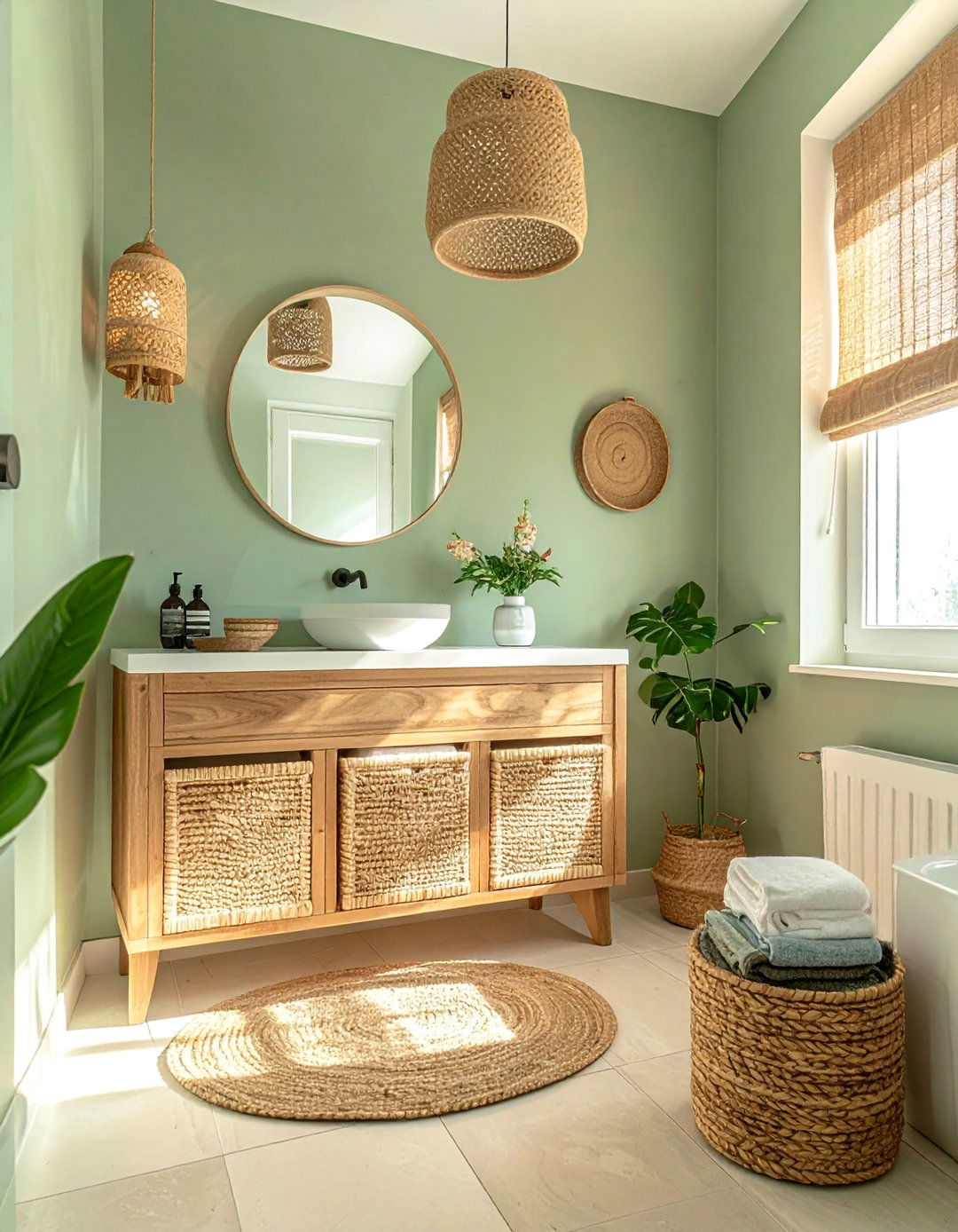 Serene Sage Green and Natural Wood Bathroom - 25 Colorful Bathroom Ideas to Brighten Your Space