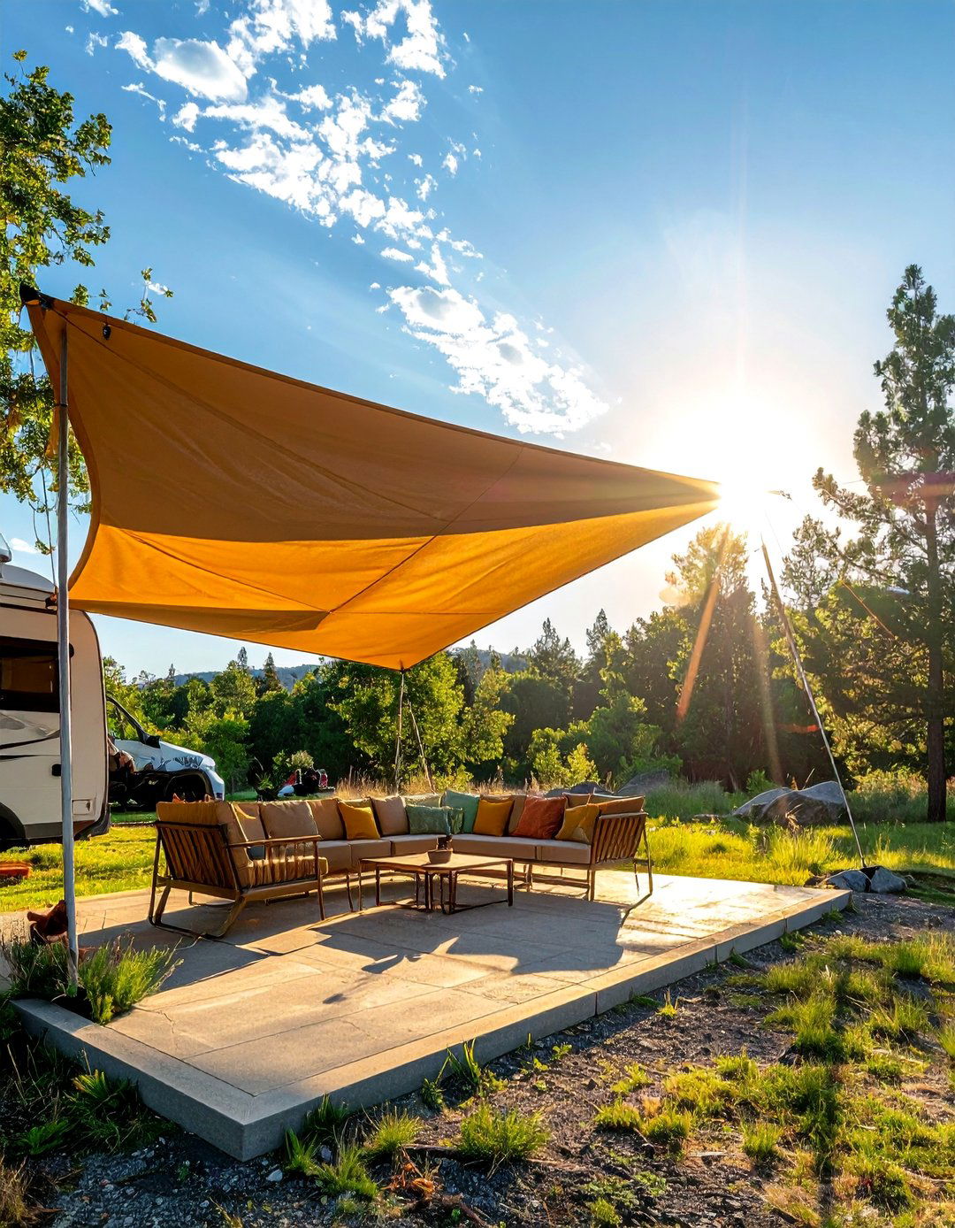 Shade Sail Shelter - 30 RV Campsite Decorating Ideas for a Cozy Outdoor Retreat