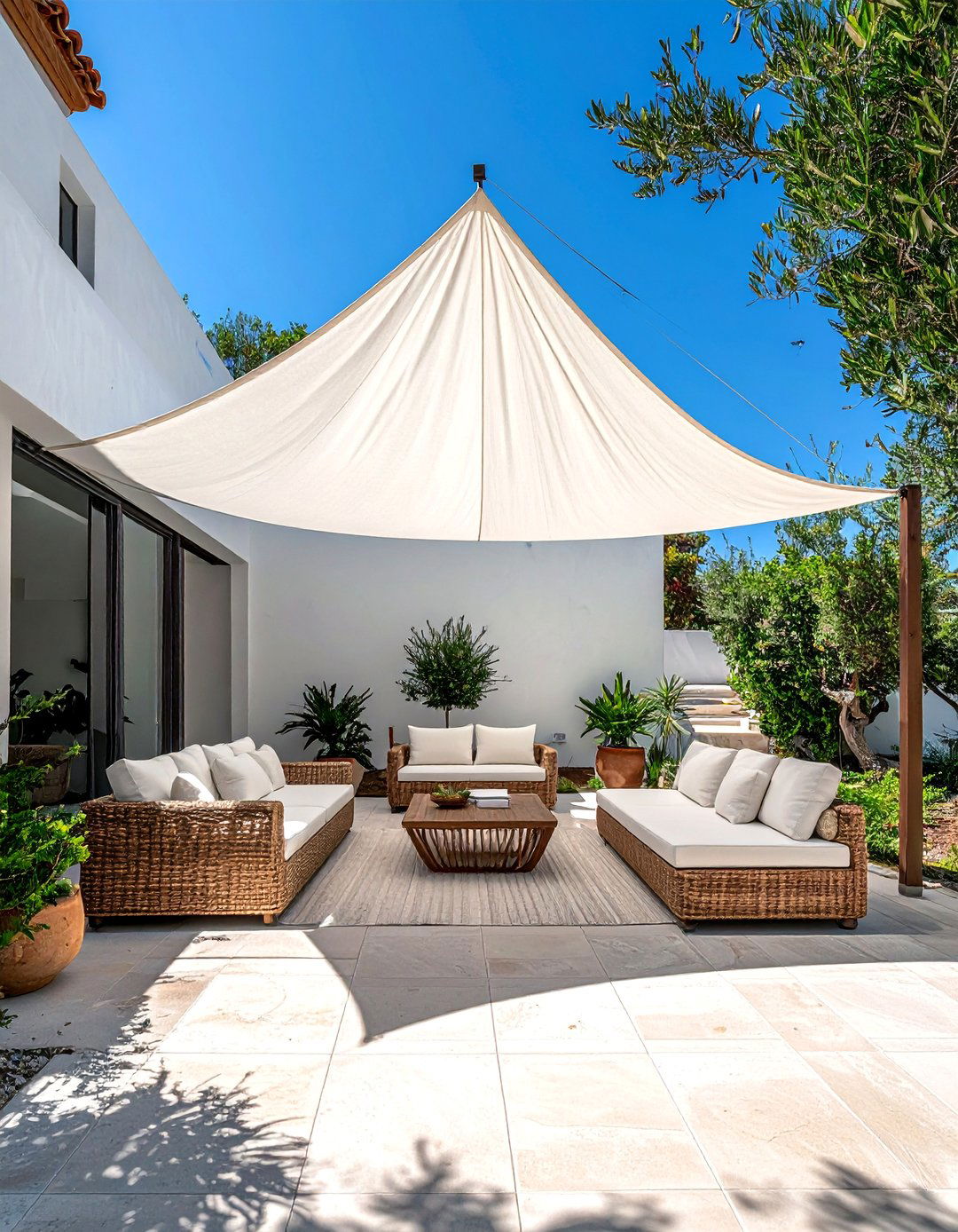Shading a Mediterranean Patio with a Canvas Sail - 25 Mediterranean Patio Ideas for a Relaxing Outdoor Space