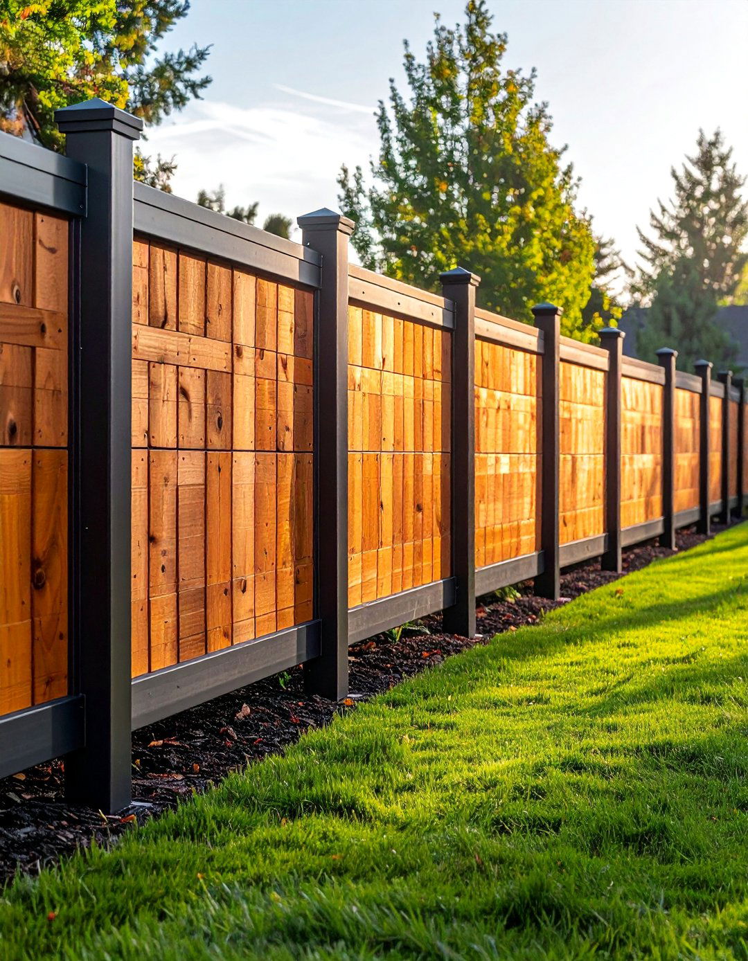 Shadowbox Wood Fence with Steel Posts - 25 Metal and Wood Fence Ideas for Your Outdoor Space