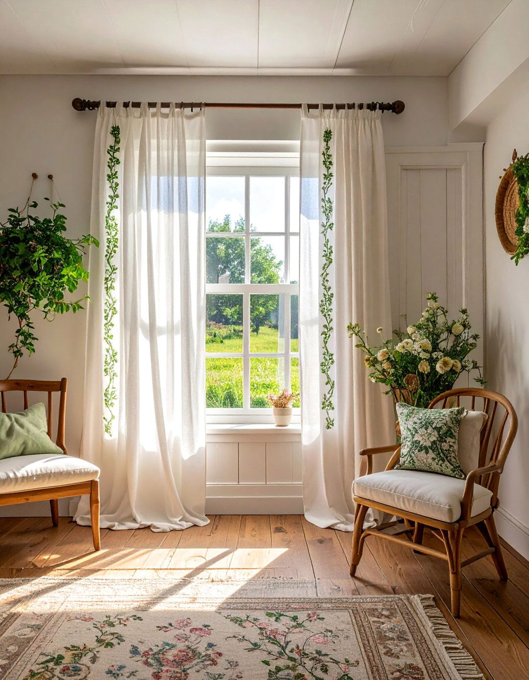 Sheer Curtains with Embroidered Details - 40 Farmhouse Window Treatment Ideas for a Cozy Home