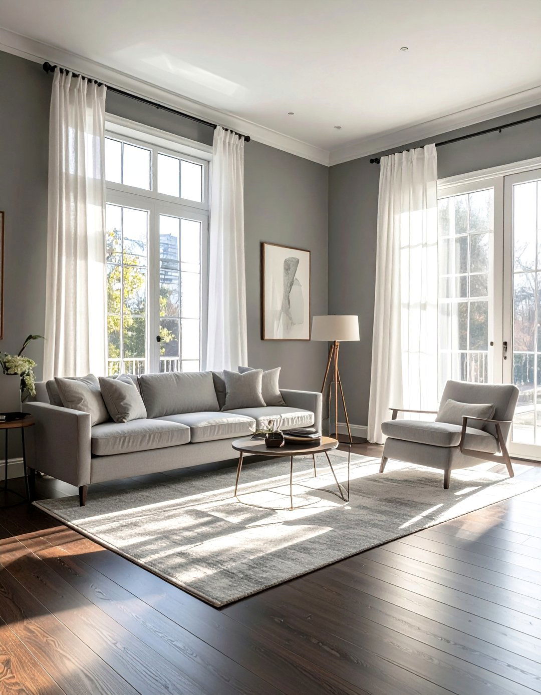 Sheer Light Filtering Curtains - 20 Grey Living Room With Dark Wood Floors Ideas
