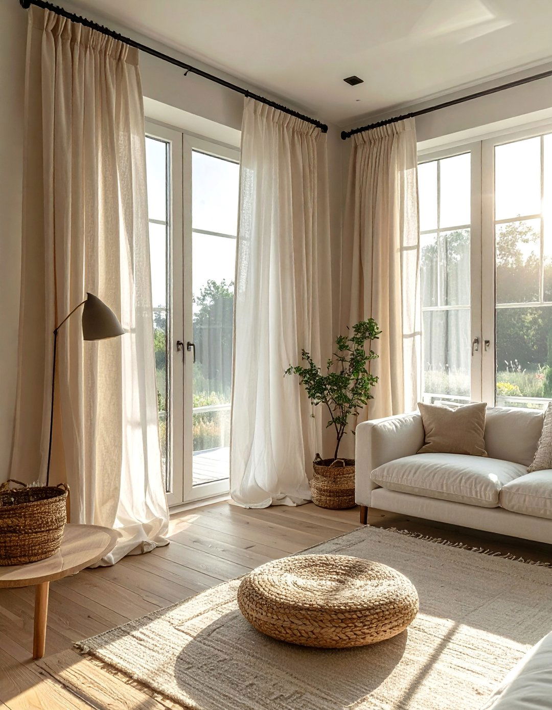 Sheer Linen Curtains - 30 Rustic Scandinavian Living Room Ideas for a Cozy Vibe