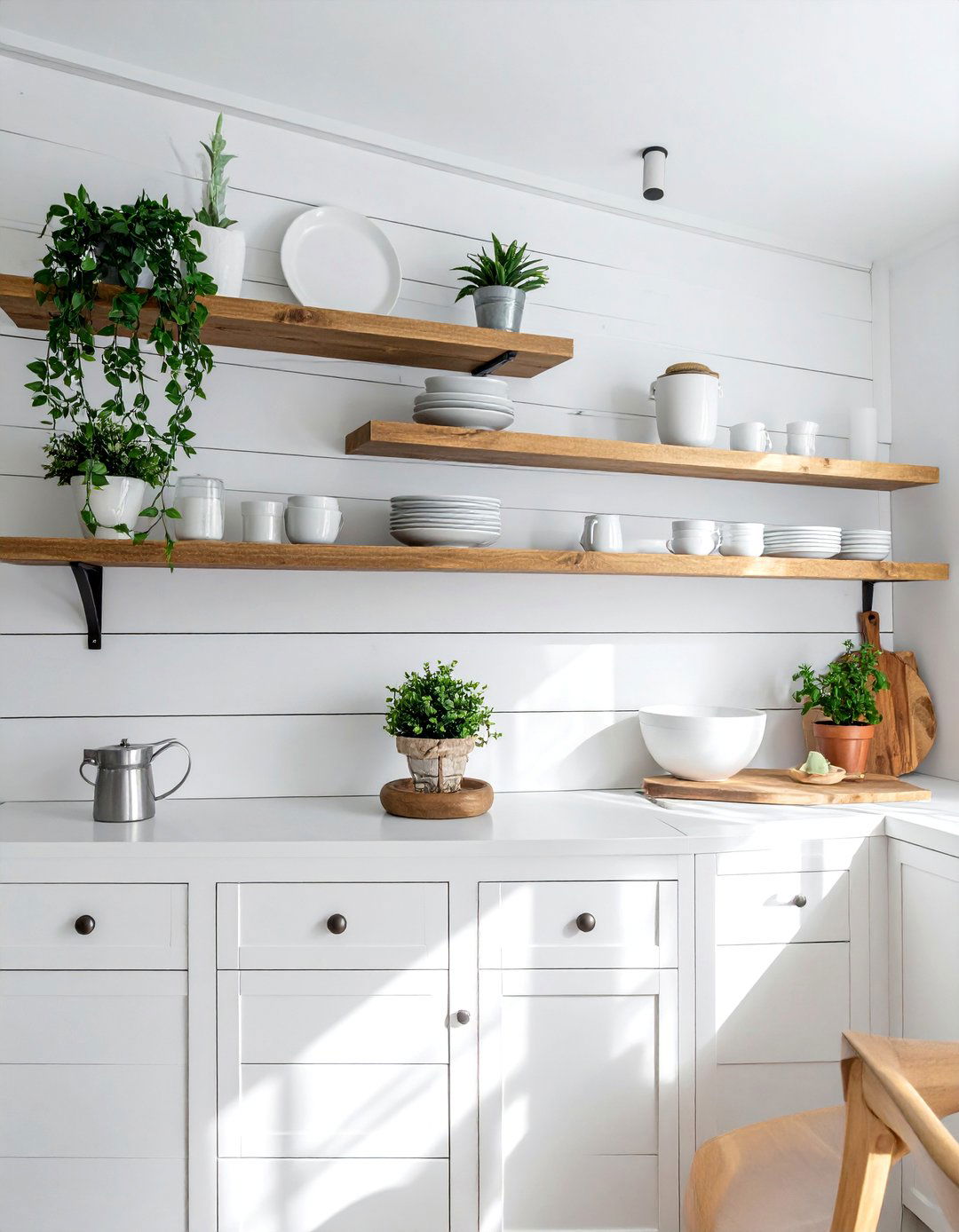 Shiplap Backsplash Paired with Open Shelving - 30 Shiplap Backsplash Ideas for Your Kitchen Makeover