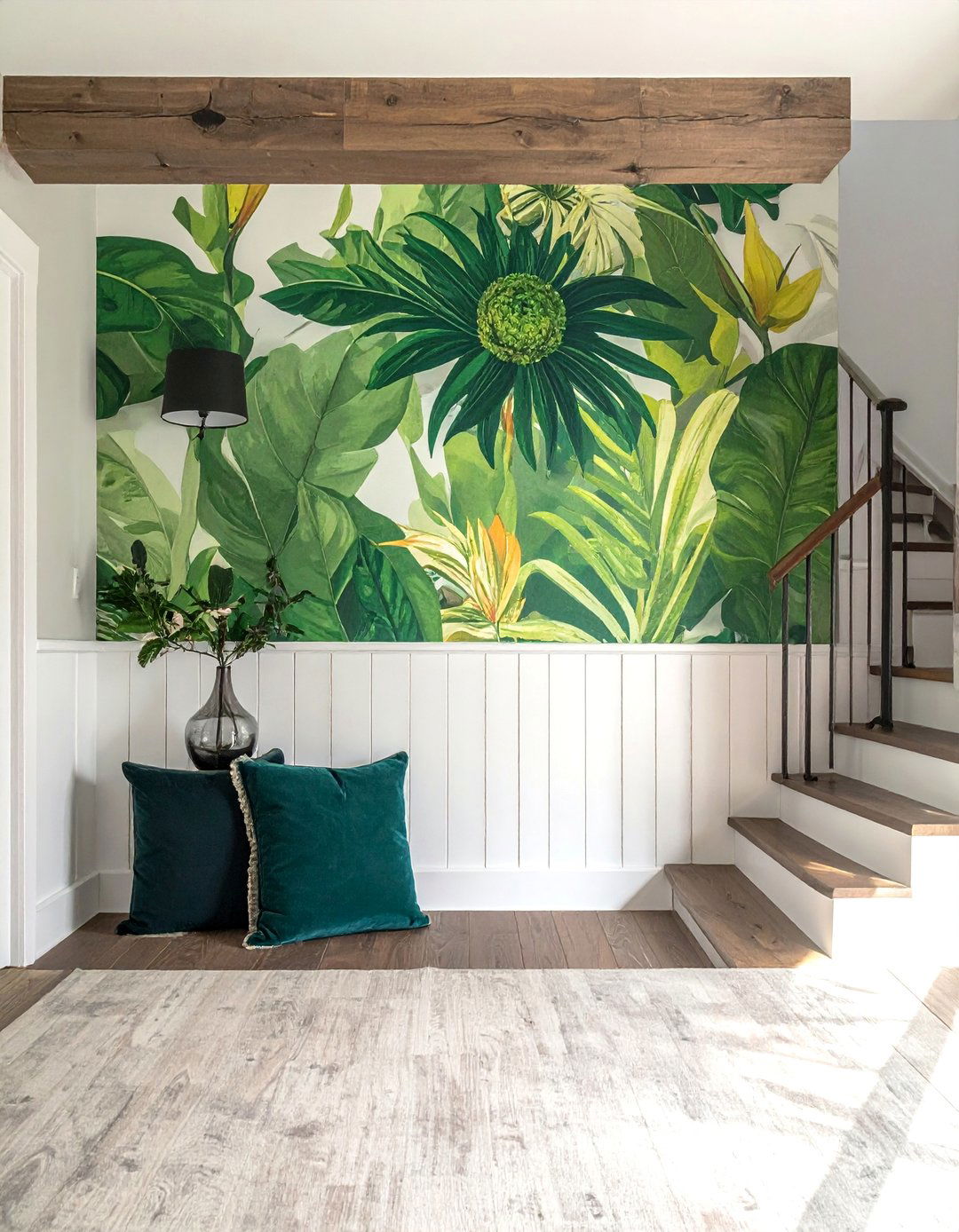 Shiplap Half Wall Entryway with Wallpaper - 25 Shiplap Wall Entryway Ideas to Welcome Guests
