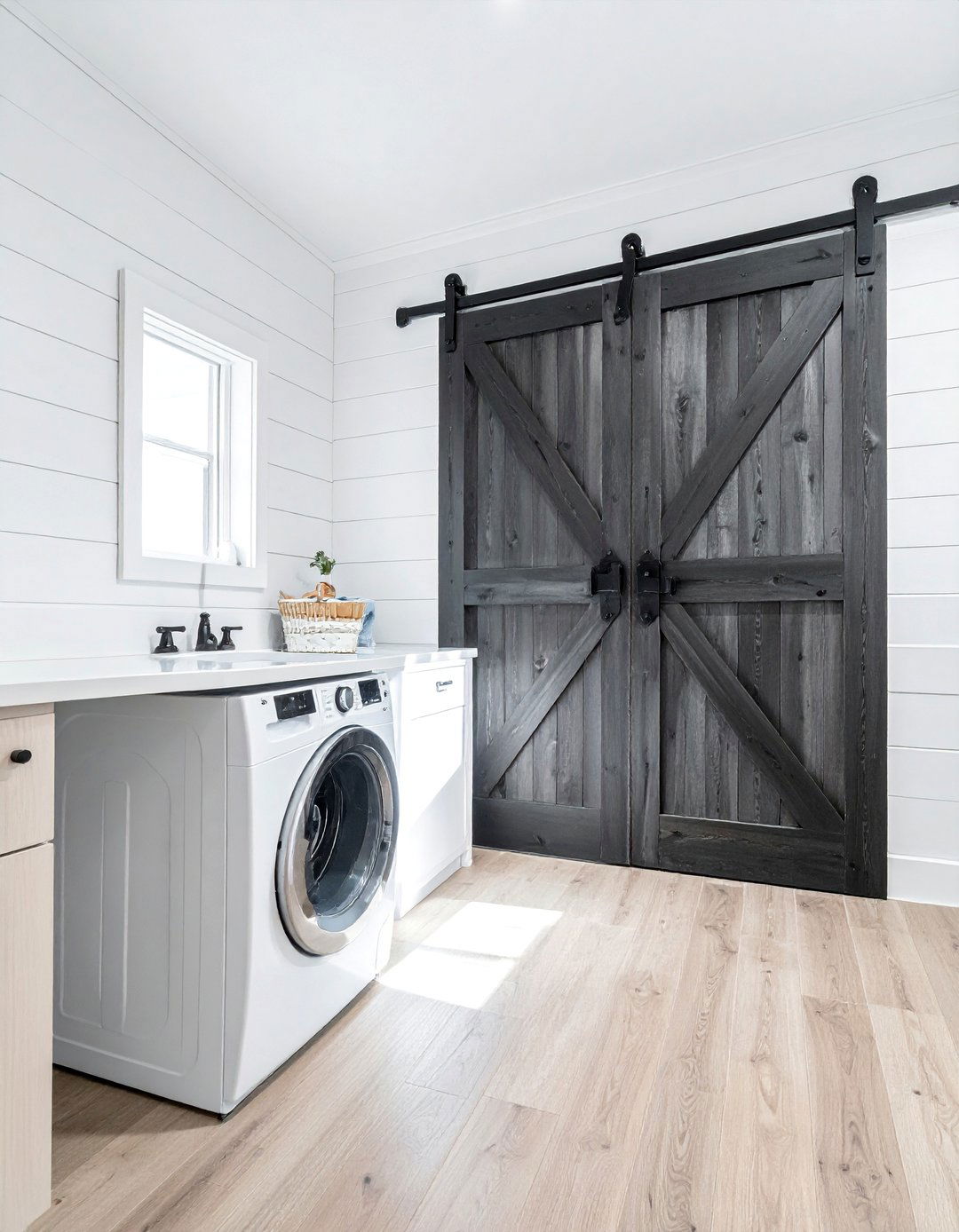 Shiplap Laundry Room with a Barn Door - 20 Shiplap Laundry Room Ideas for a Cozy Feel