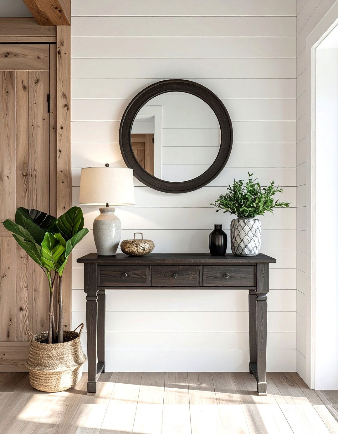Shiplap Wall Entryway Behind a Console Table - 25 Shiplap Wall Entryway Ideas to Welcome Guests