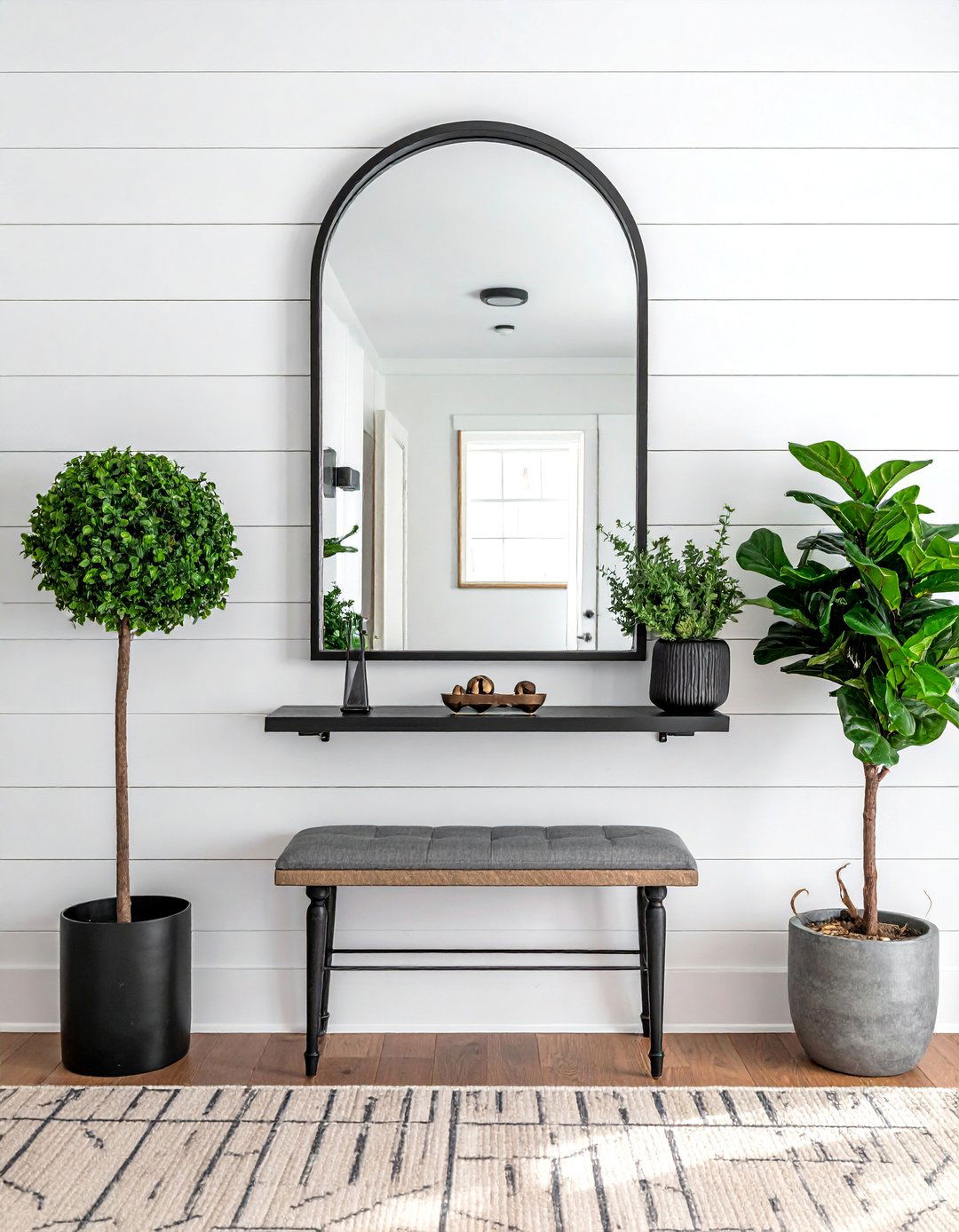 Shiplap Wall Entryway with an Arched Mirror - 25 Shiplap Wall Entryway Ideas to Welcome Guests