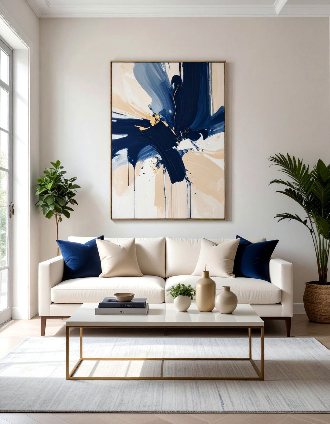 Showcasing Navy and Cream Abstract Art - 25 Navy and Cream Living Room Ideas for Timeless Elegance