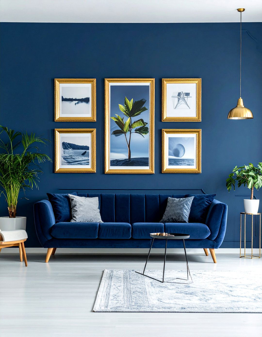 Showcasing a Gallery Wall on a Navy Blue Background - 25 Navy Blue Living Room Ideas for a Stylish Space
