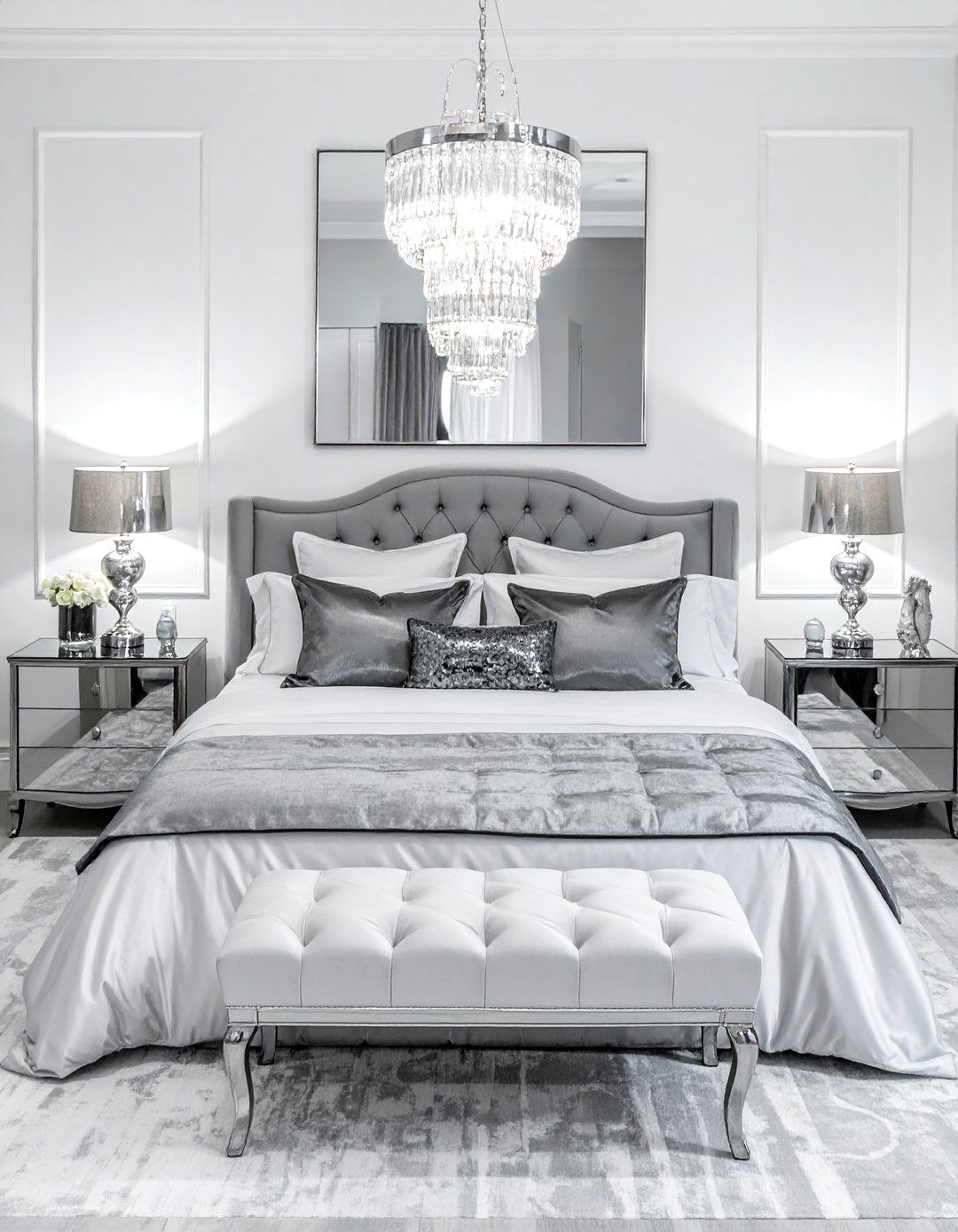 Silver Grey Accents for a Glamorous Touch - 40 Grey and White Bedroom Ideas for a Serene Retreat