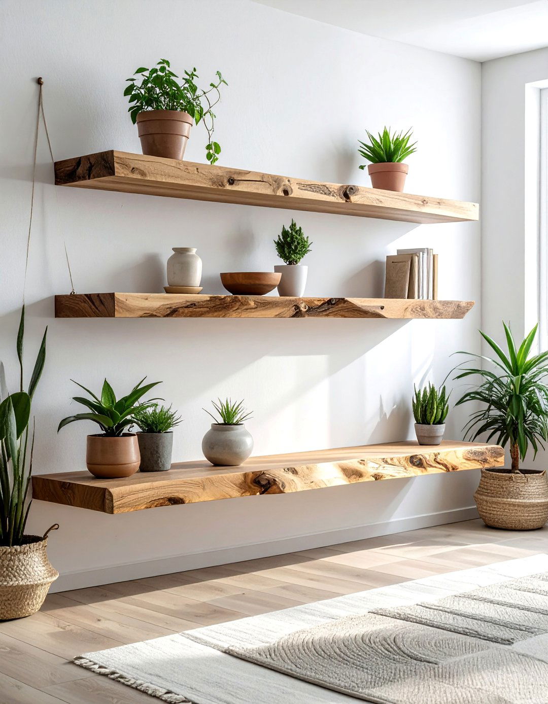 Simple Floating Shelves Made of Raw Wood - 30 Rustic Scandinavian Living Room Ideas for a Cozy Vibe