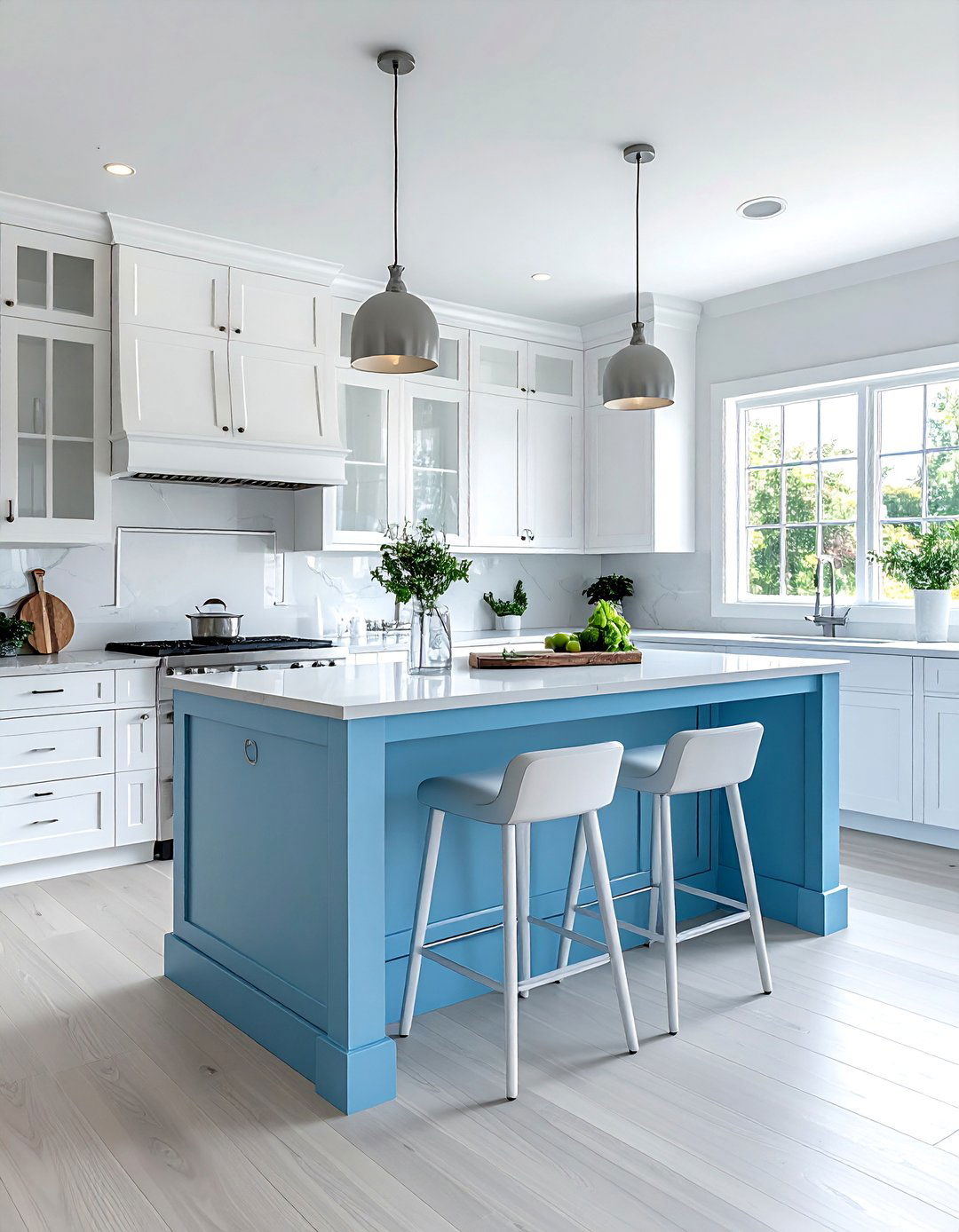 Sky Blue Island with a Two Tiered Design - 30 White Kitchen Cabinets With Blue Island Design Ideas