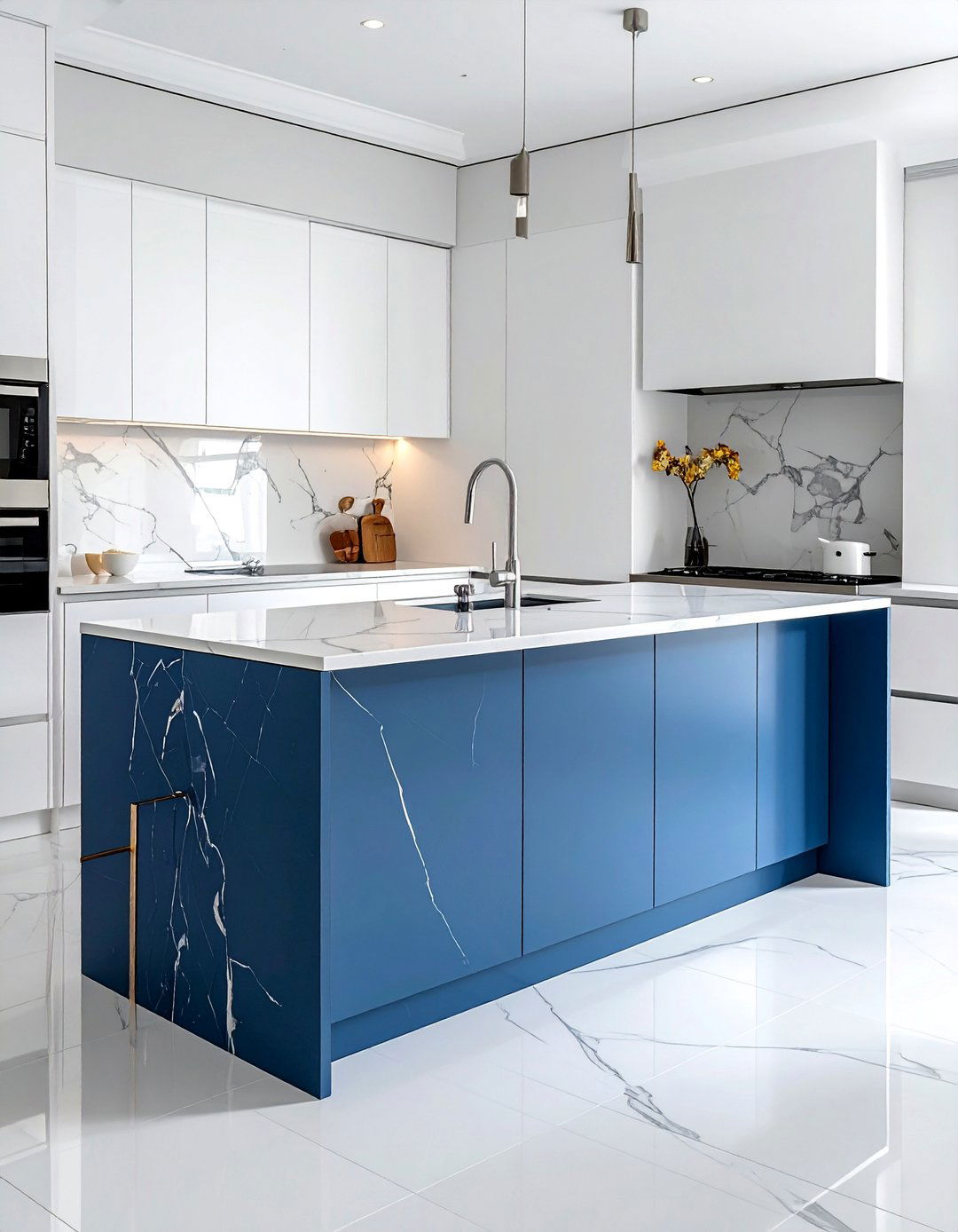 Slate Blue Island with Marble Countertops - 30 White Kitchen Cabinets With Blue Island Design Ideas