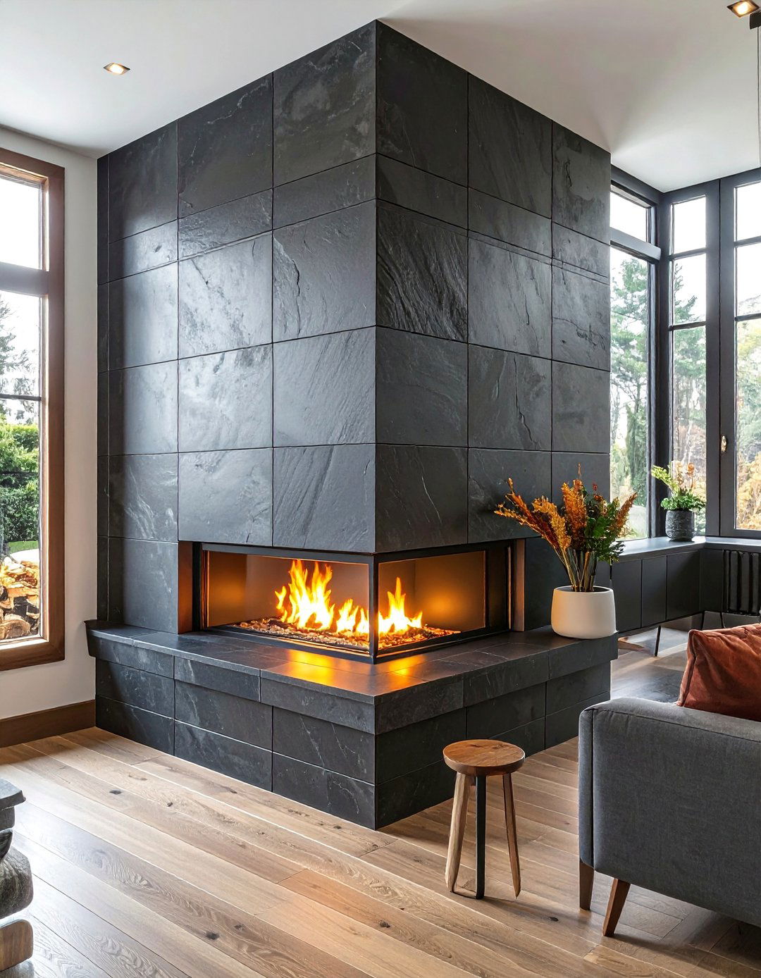 Slate Tile Corner Fireplace - 25 Corner Fireplace Ideas to Cozy Up Your Living Space