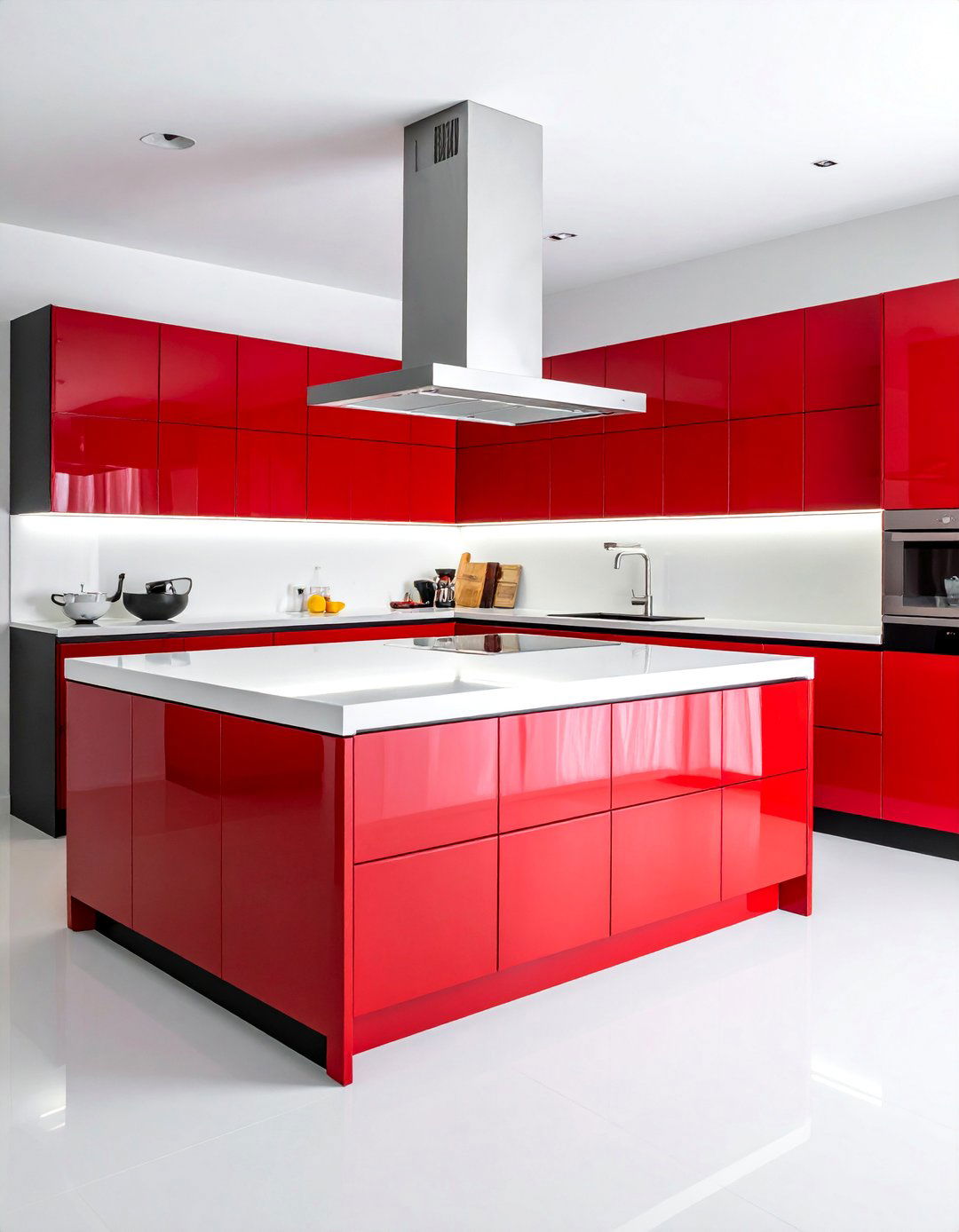 Sleek Black Handleless Cabinets with a Pure White Solid Surface Countertop - 15 Black Kitchen Cabinets With White Countertops Ideas