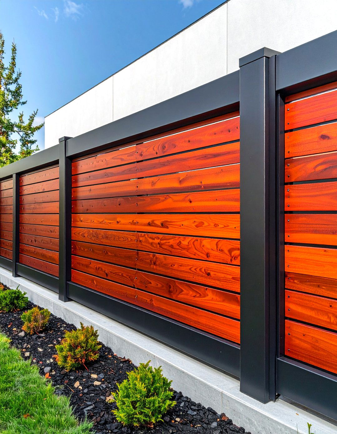 Sleek Redwood and Black Aluminum Fence - 25 Metal and Wood Fence Ideas for Your Outdoor Space