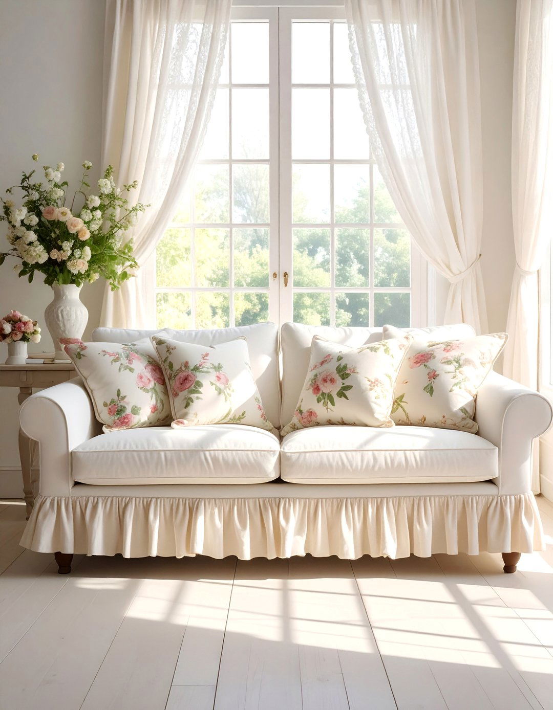 Slipcovered Sofa with Ruffled Details - 25 Shabby-chic Style Living Room Ideas for Charm