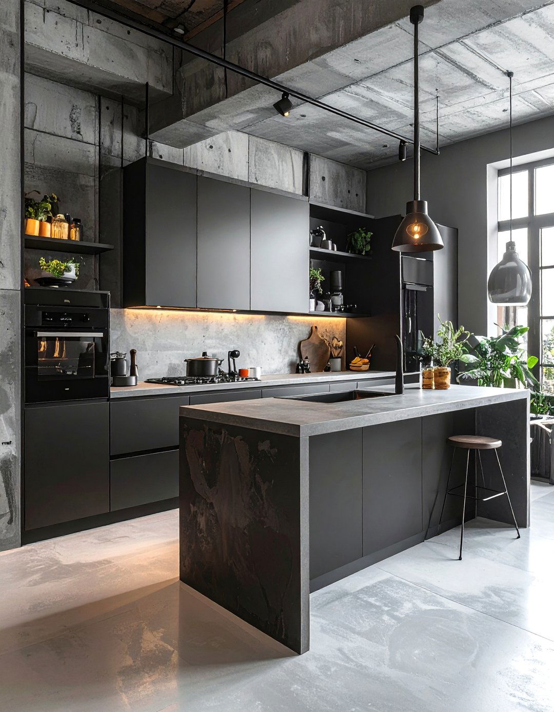 Small Kitchen with Black Appliances and Concrete Countertops - 20 Small Kitchen with Black Appliances Ideas