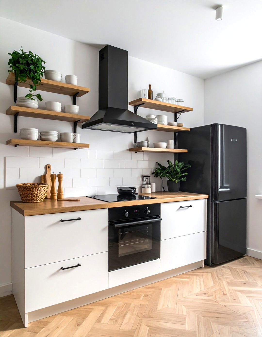 Small Kitchen with Black Appliances and Open Shelving - 20 Small Kitchen with Black Appliances Ideas