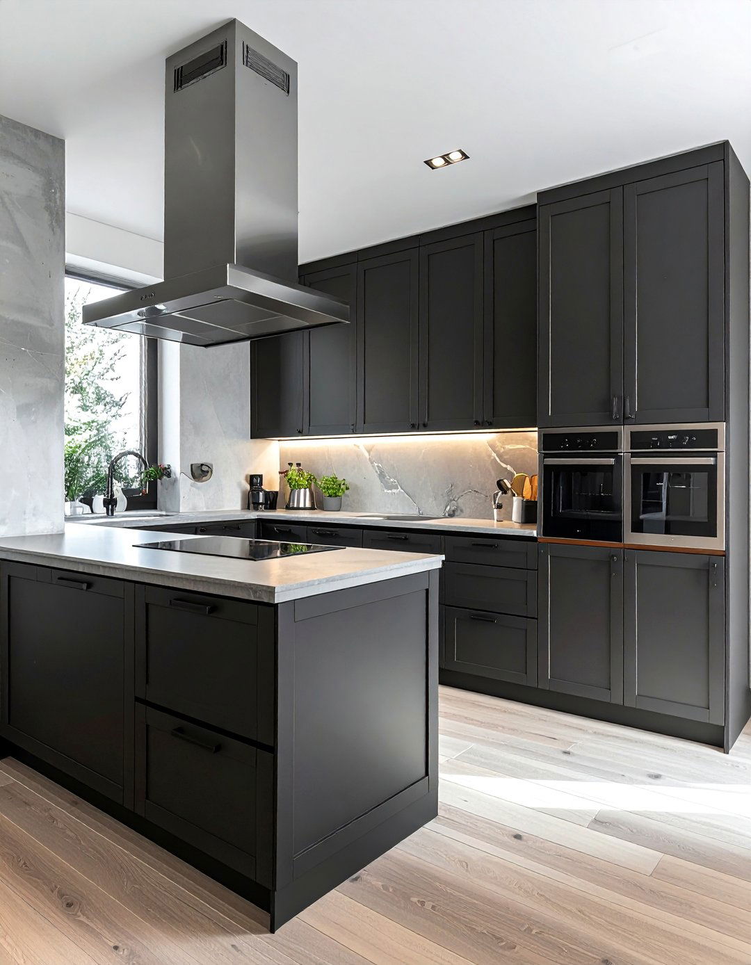 Small Kitchen with Black Appliances and Stainless Steel Accents