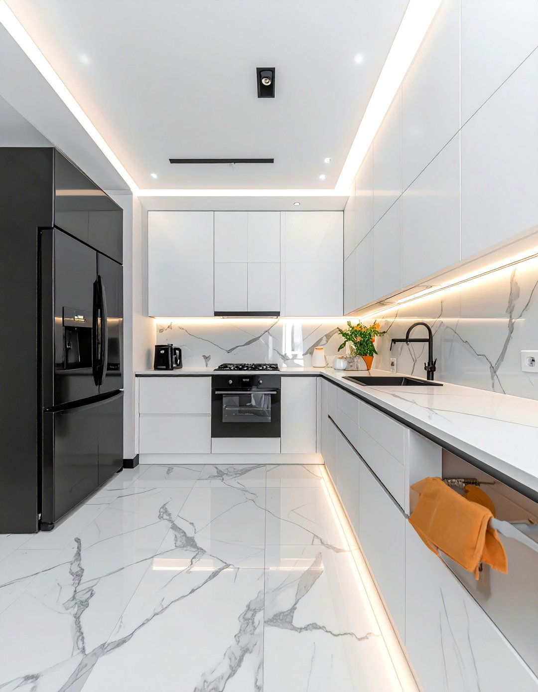 Small Kitchen with Black Appliances and a Marble Look Backsplash - 20 Small Kitchen with Black Appliances Ideas