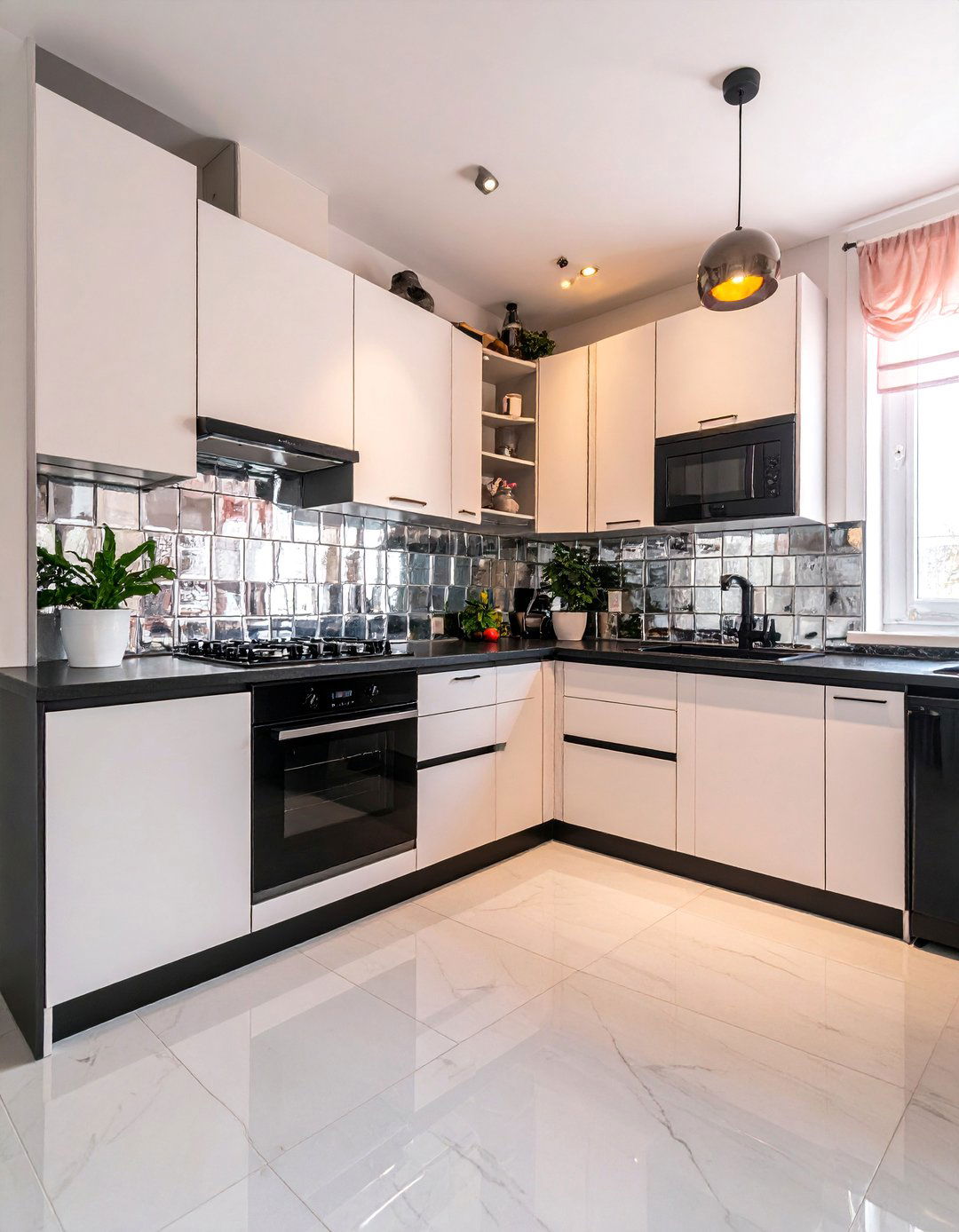 Small Kitchen with Black Appliances and a Mirrored Backsplash - 20 Small Kitchen with Black Appliances Ideas