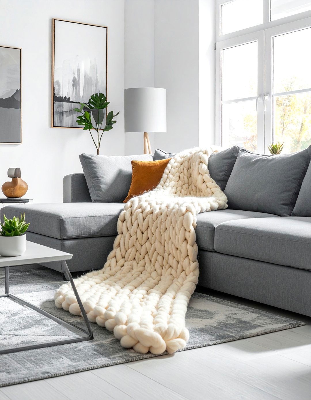 Soft Chunky Knit Throw Blankets - 40 Transitional Living Room Ideas for Modern Homes