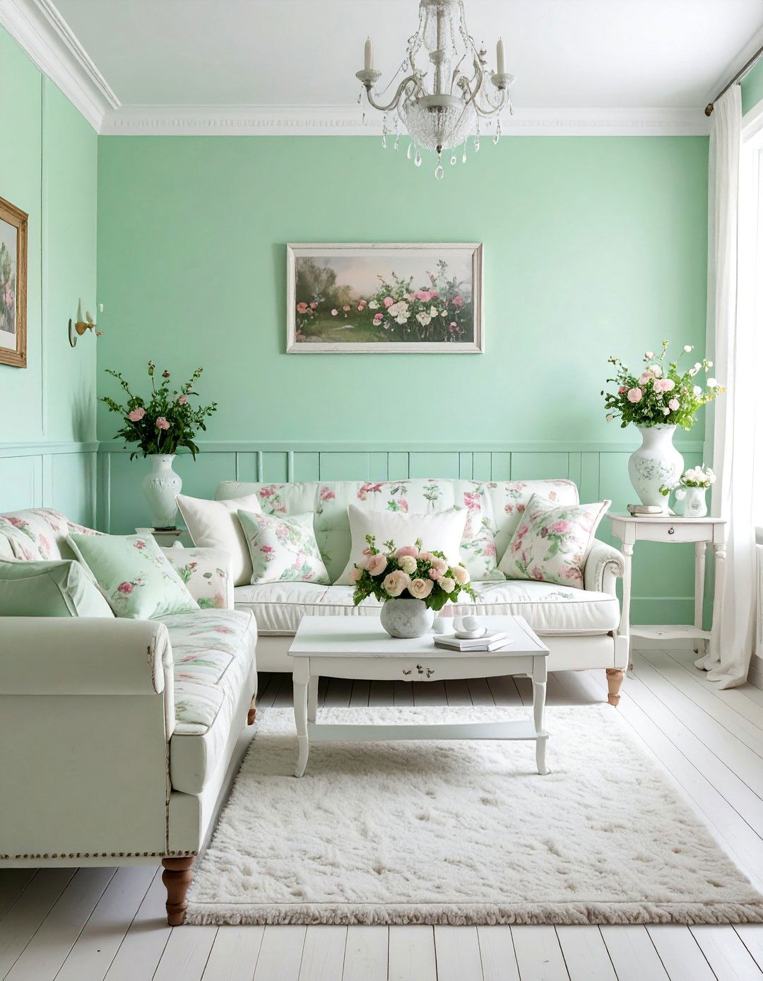 Soft Mint Green Wall Color Scheme - 25 Shabby-chic Style Living Room Ideas for Charm