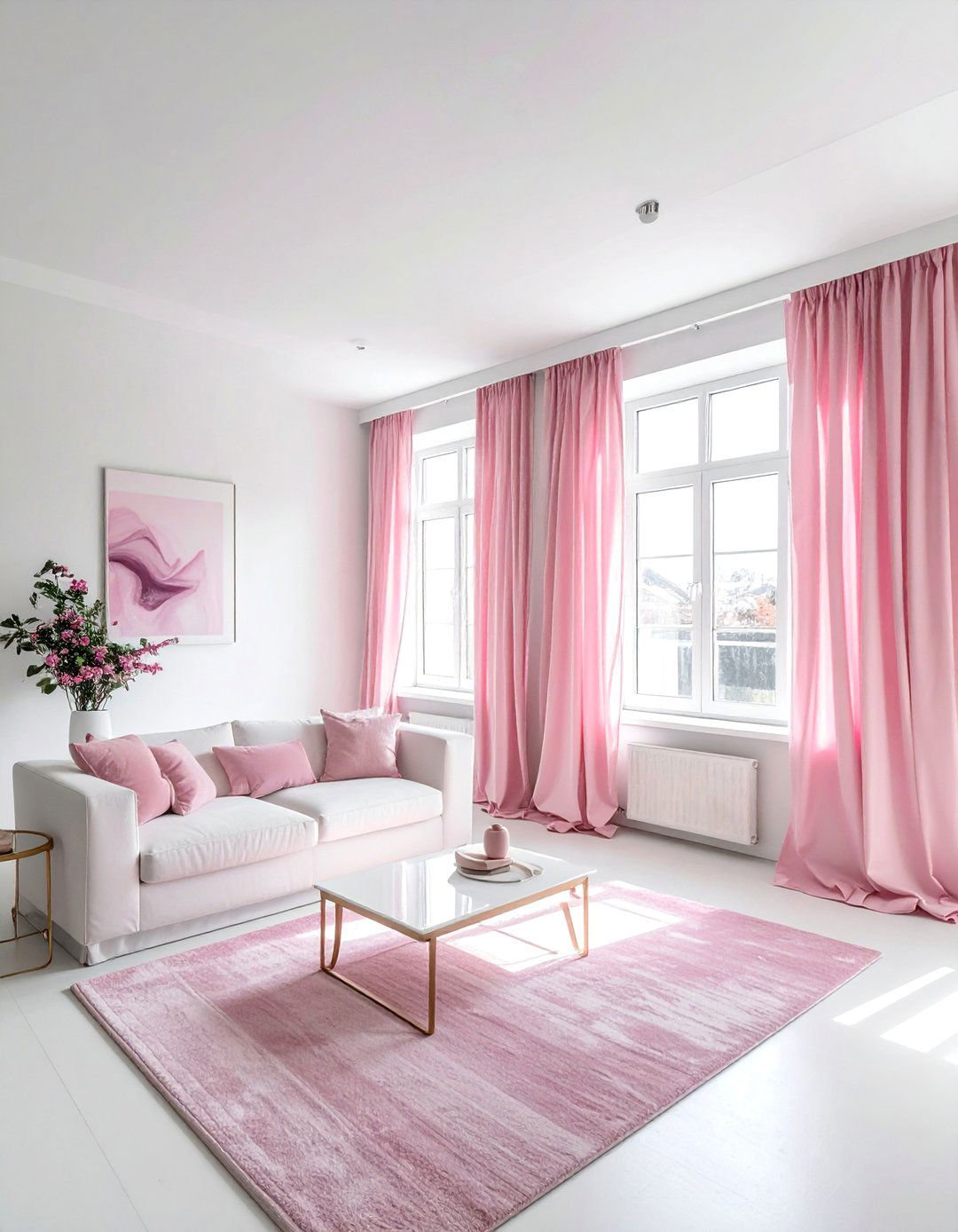 Soft Pink Curtains to Frame Windows - 20 Pink and White Living Room Ideas for a Cozy Look