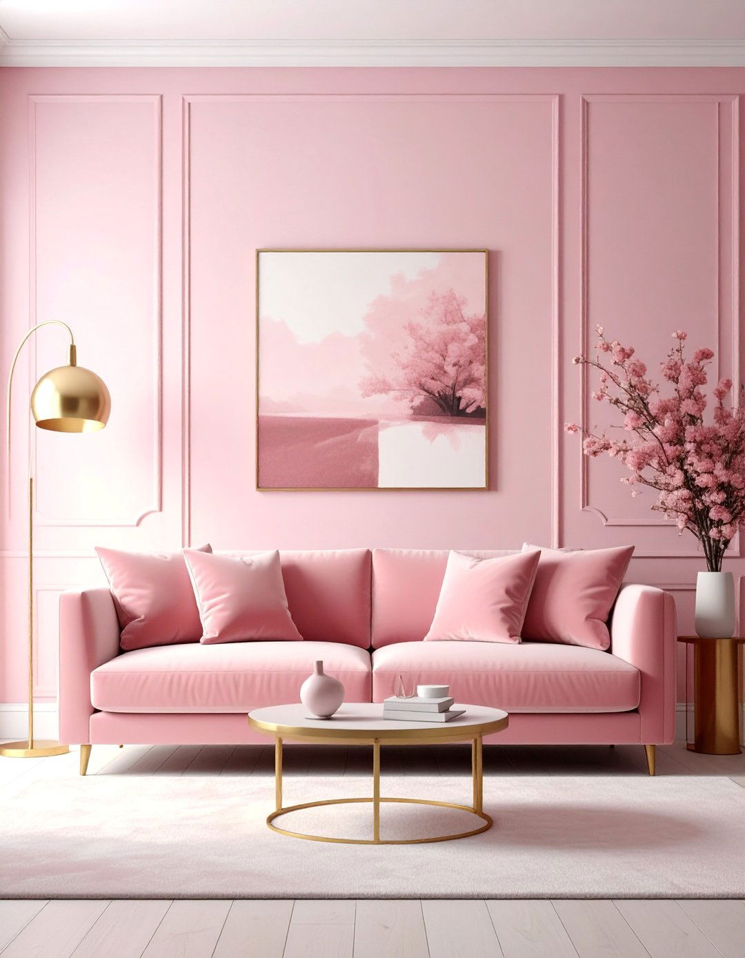 Soft Pink Monochromatic Living Room