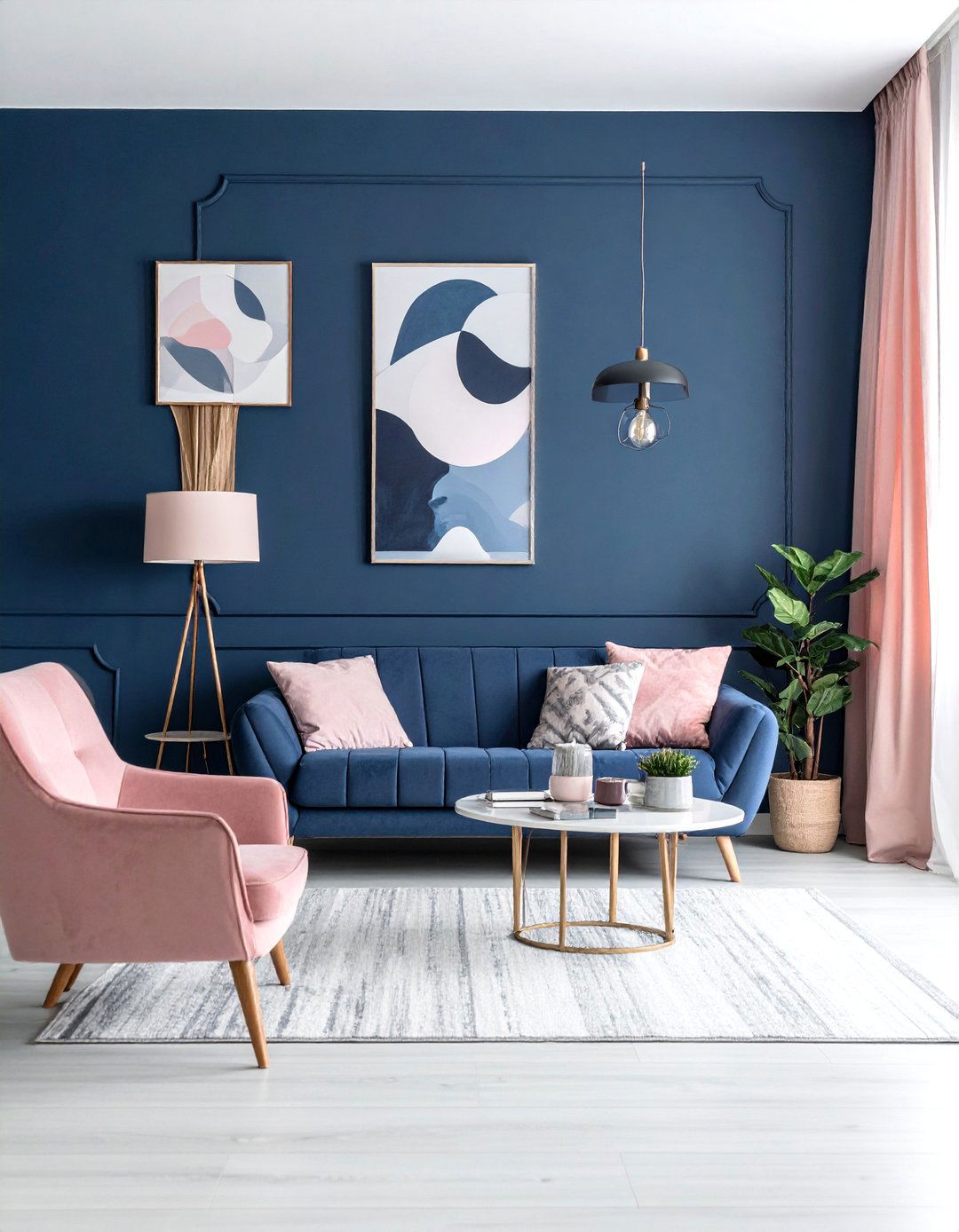 Softening the Look with Navy Blue and Blush Pink - 25 Navy Blue Living Room Ideas for a Stylish Space
