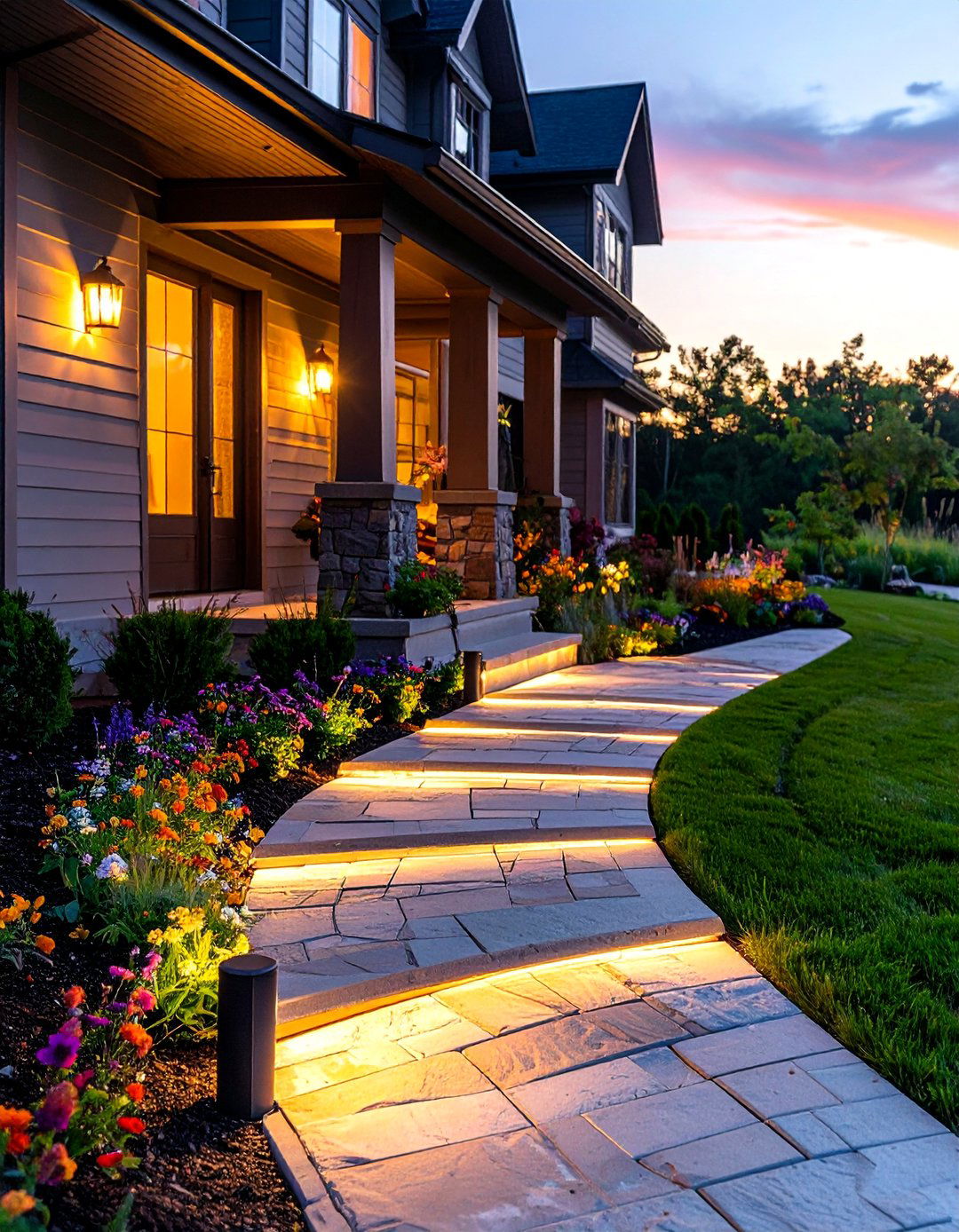 Solar Powered Landscape Path Lights - 20 Front Porch Lighting Ideas to Enhance Your Home's Curb Appeal
