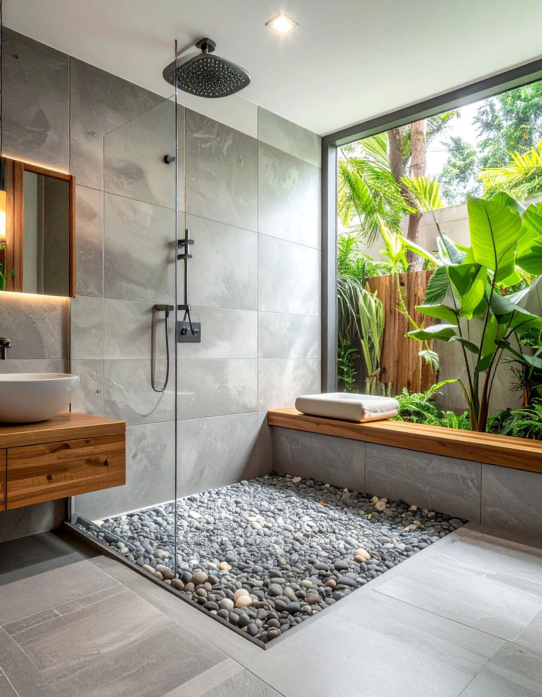 Spa Inspired Gray Pebble Floor Bathroom - 25 Gray Floor Bathroom Ideas for a Modern and Sleek Look