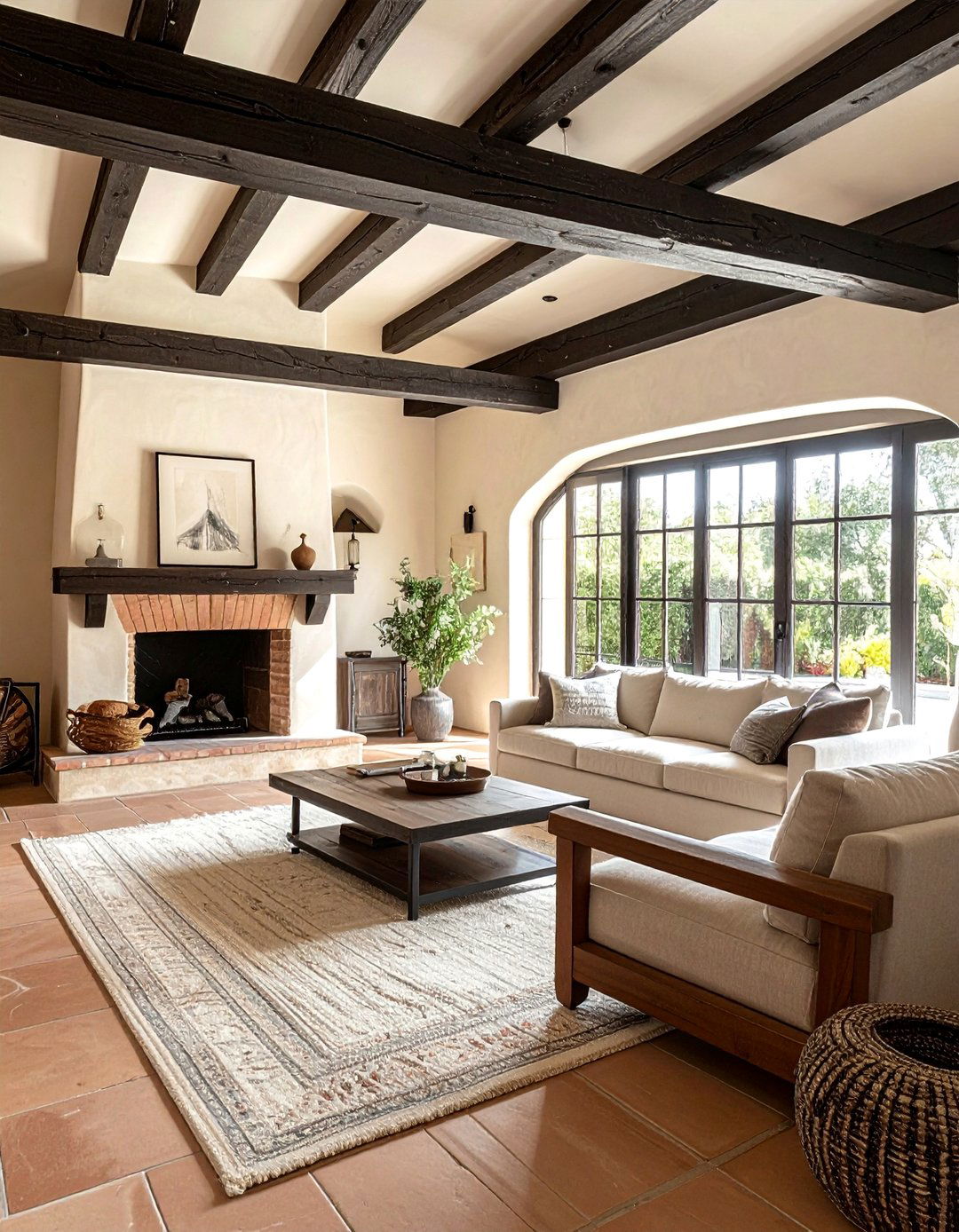 Spanish Style Living Room Featuring Exposed Wooden Beams - 25 Spanish Style Living Room Ideas for Warmth
