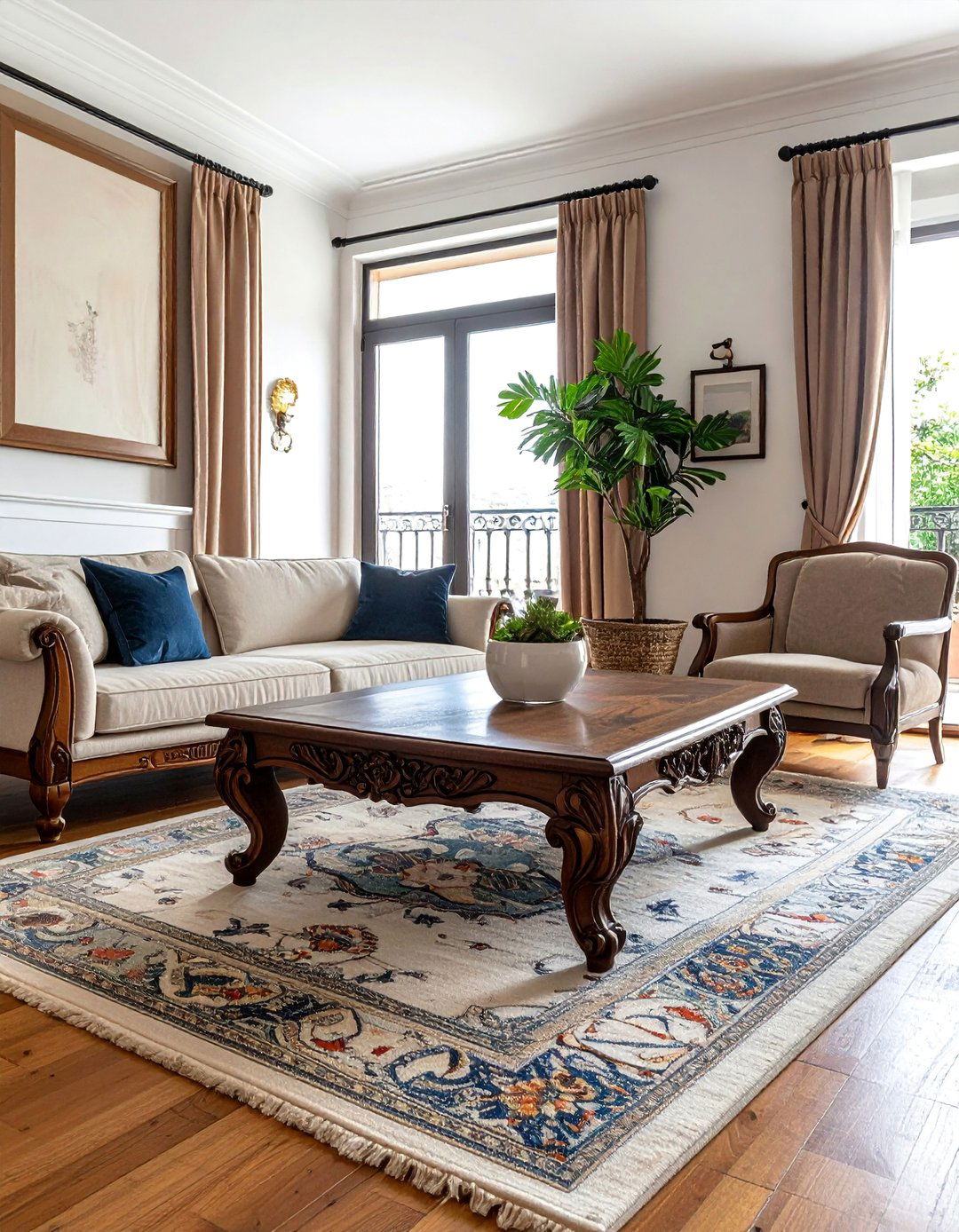 Spanish Style Living Room with a Carved Wood Coffee Table - 25 Spanish Style Living Room Ideas for Warmth