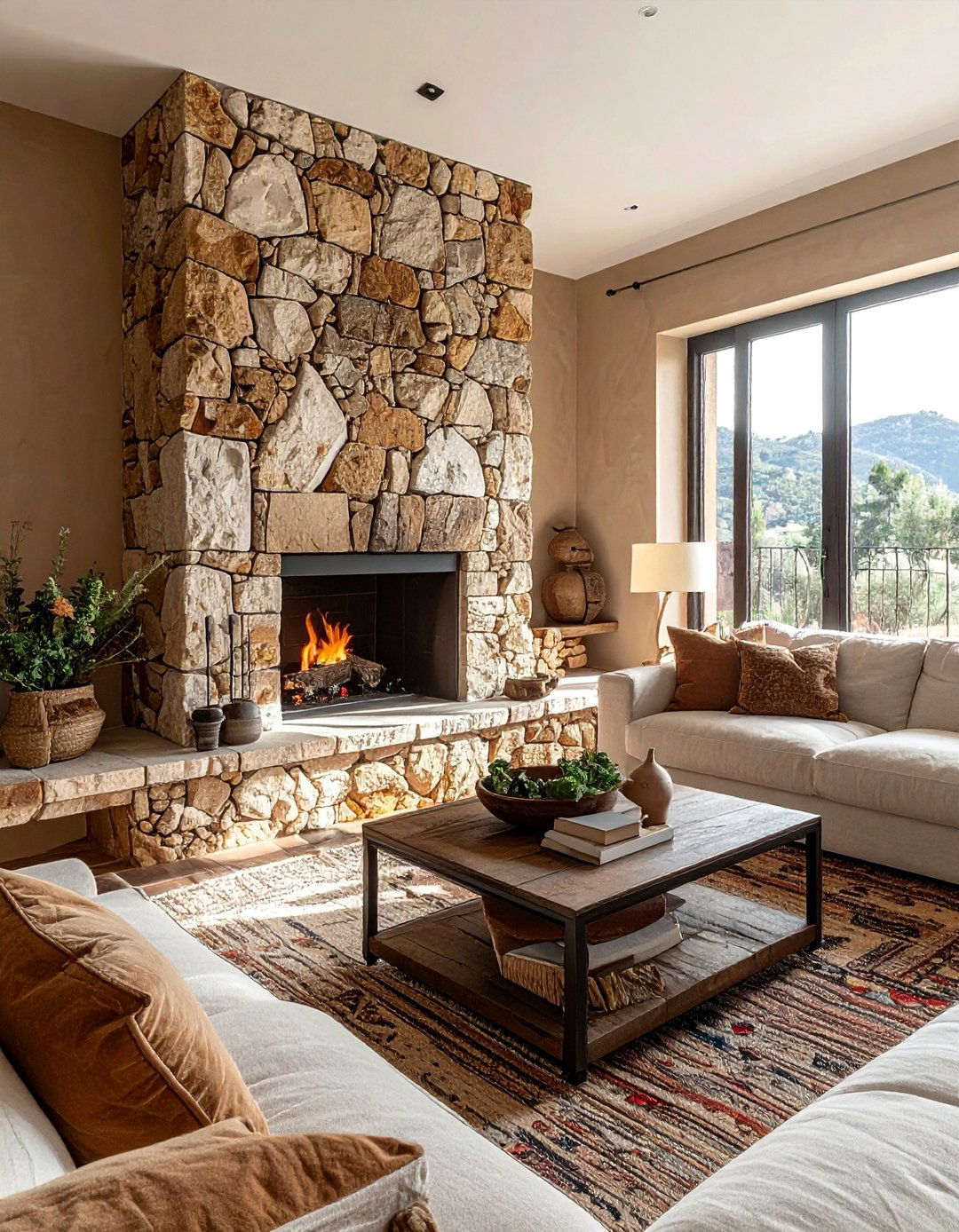 Spanish Style Living Room with an Accent Wall of Stone - 25 Spanish Style Living Room Ideas for Warmth