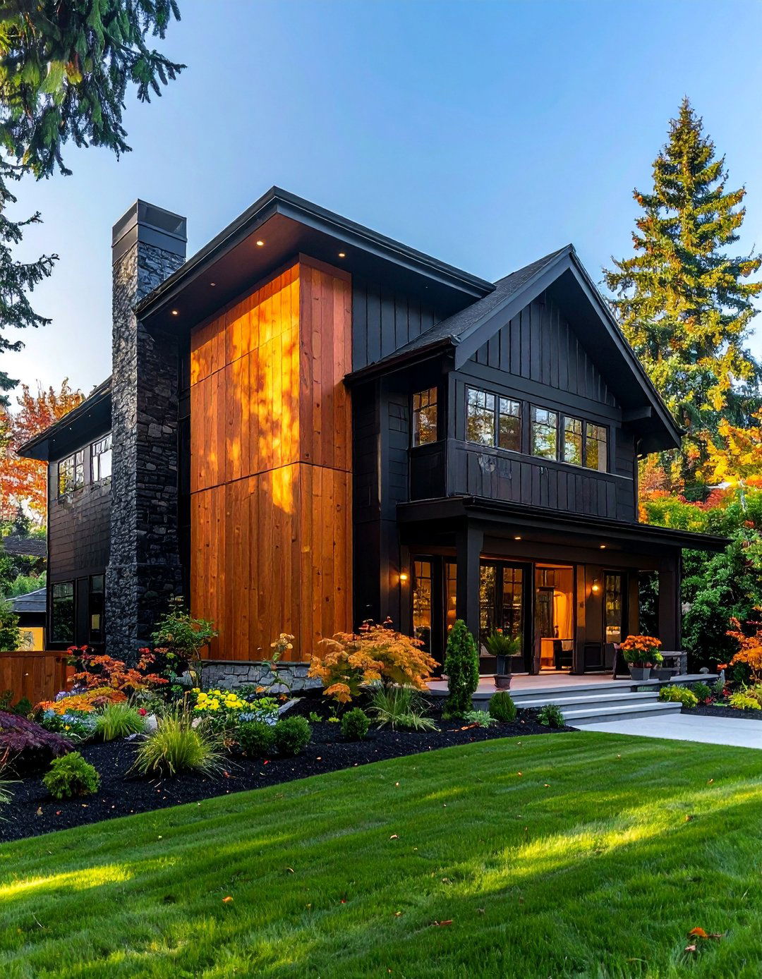 Split Level Black House with Cedar Vertical Accents - 20 Black House with Cedar Accents Design Ideas
