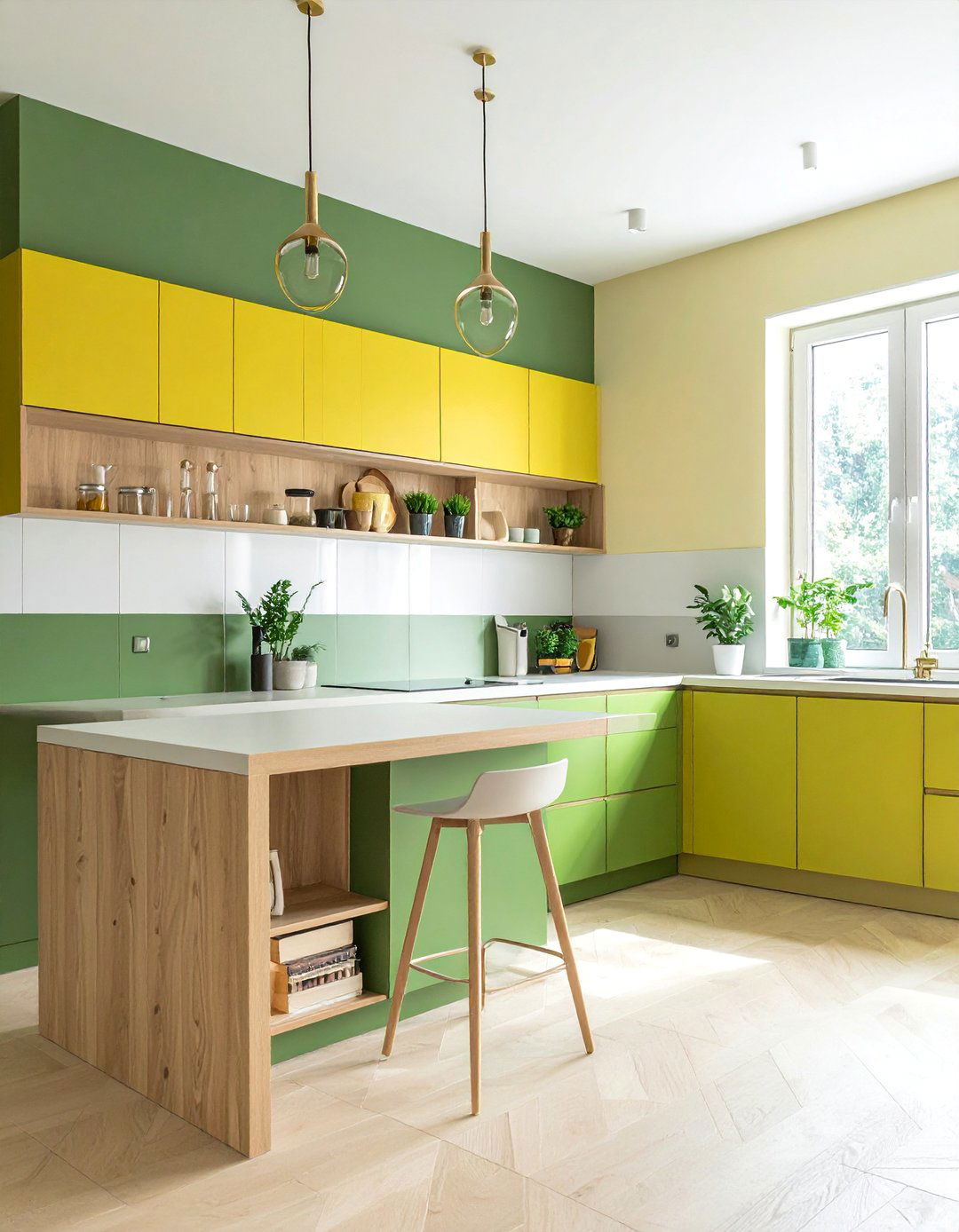 Split Wall Design with Fern Green and Pale Yellow - 20 Green and Yellow Kitchen Ideas for a Fresh Look