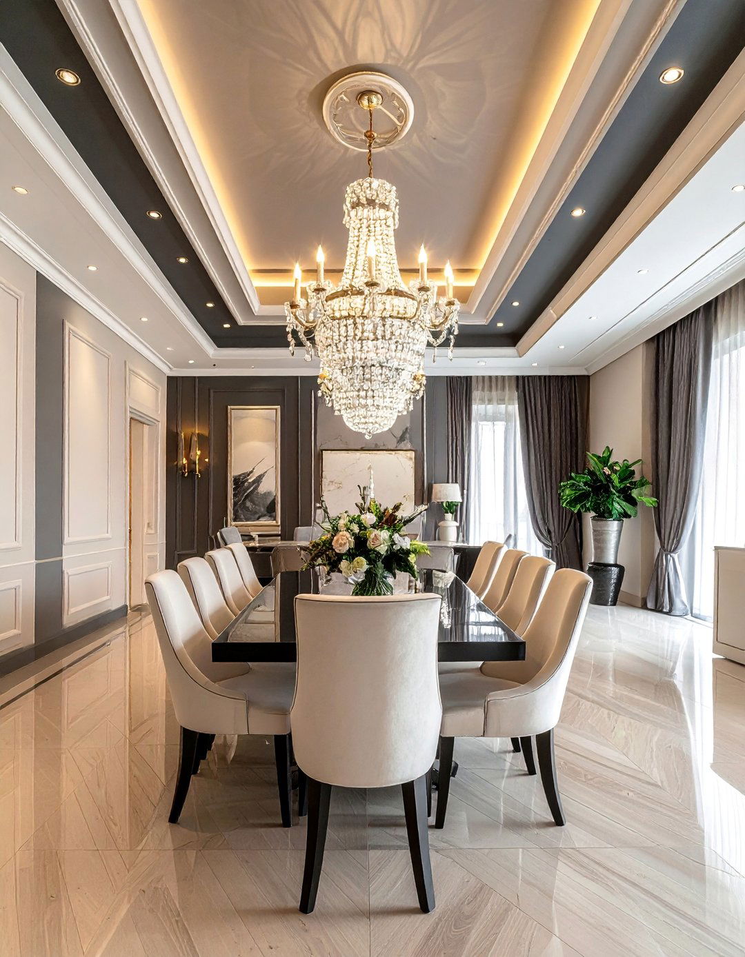 Statement Crystal Chandeliers with Dark Moody Ceilings - 40 Luxurious Dining Room Ideas for Elegant Entertaining