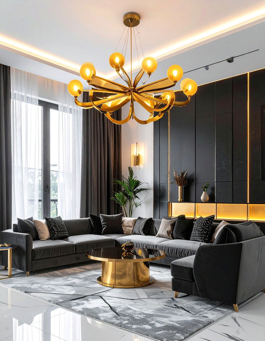 Statement Gold Chandelier - 40 Black and Gold Living Room Ideas for Luxurious Spaces