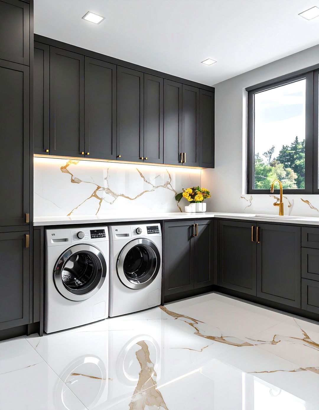 Statement Marble Slab Backsplash - 30 Luxury Modern Laundry Room Ideas for Stylish Homes