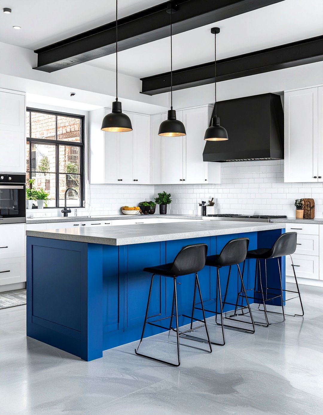 Steel Blue Island with Concrete Countertops - 30 White Kitchen Cabinets With Blue Island Design Ideas