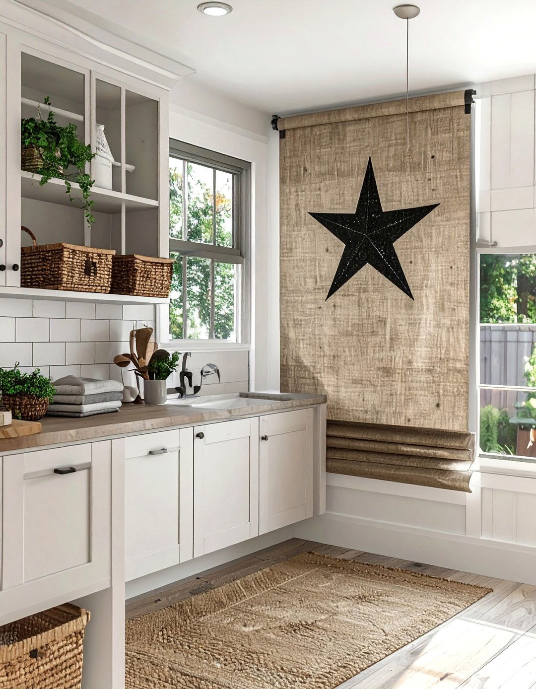 Stenciled Burlap Roller Shades - 40 Farmhouse Window Treatment Ideas for a Cozy Home