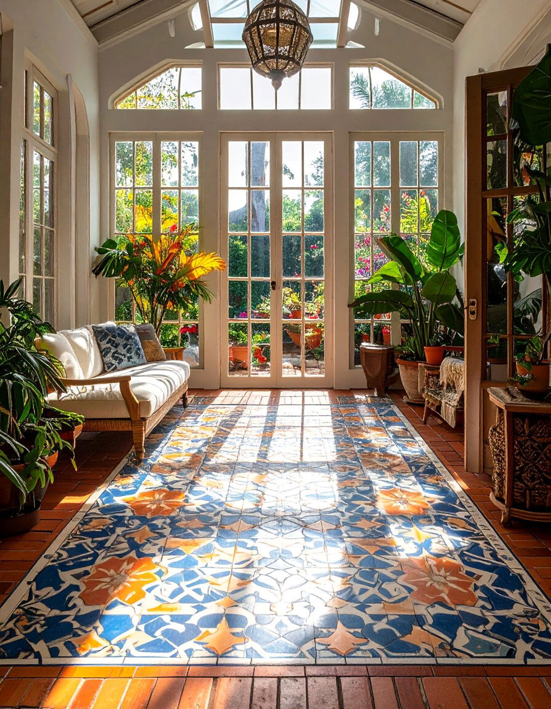 Stenciled Pattern Brick Floor Sunroom - 20 Brick Floor Sunroom Ideas for a Rustic Charm