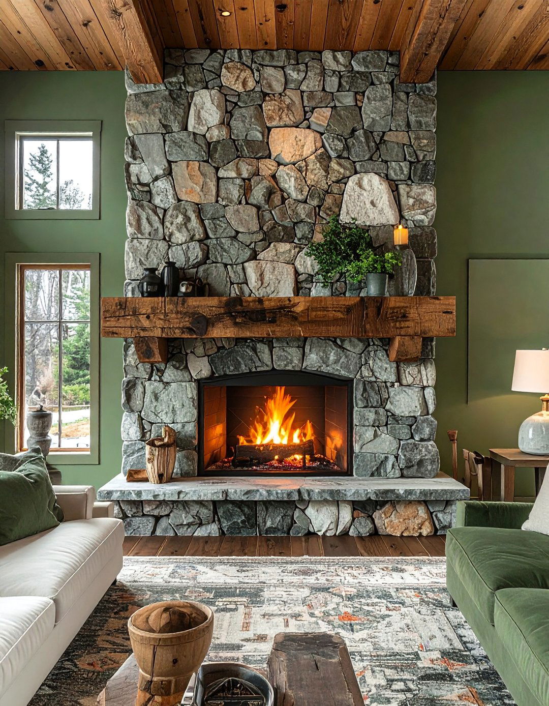 Stone Fireplace Accent in a Rustic Sage Green Living Room - 25 Rustic Sage Green Living Room Ideas for Serenity