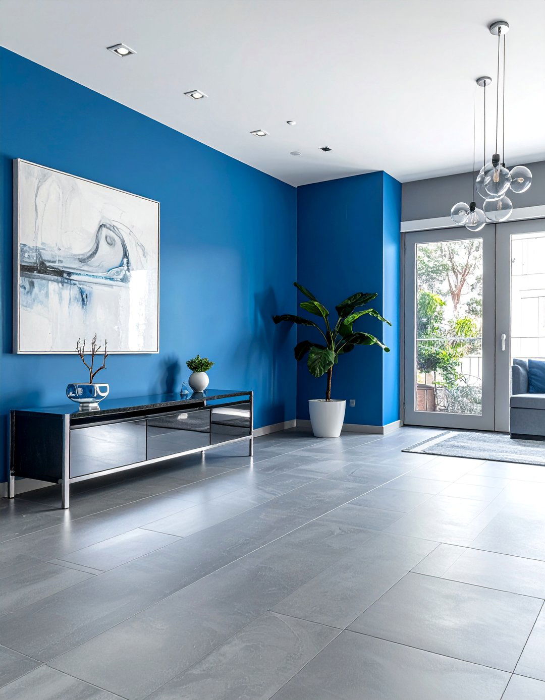 Stone Grey Luxury Vinyl Tile with Electric Blue Walls